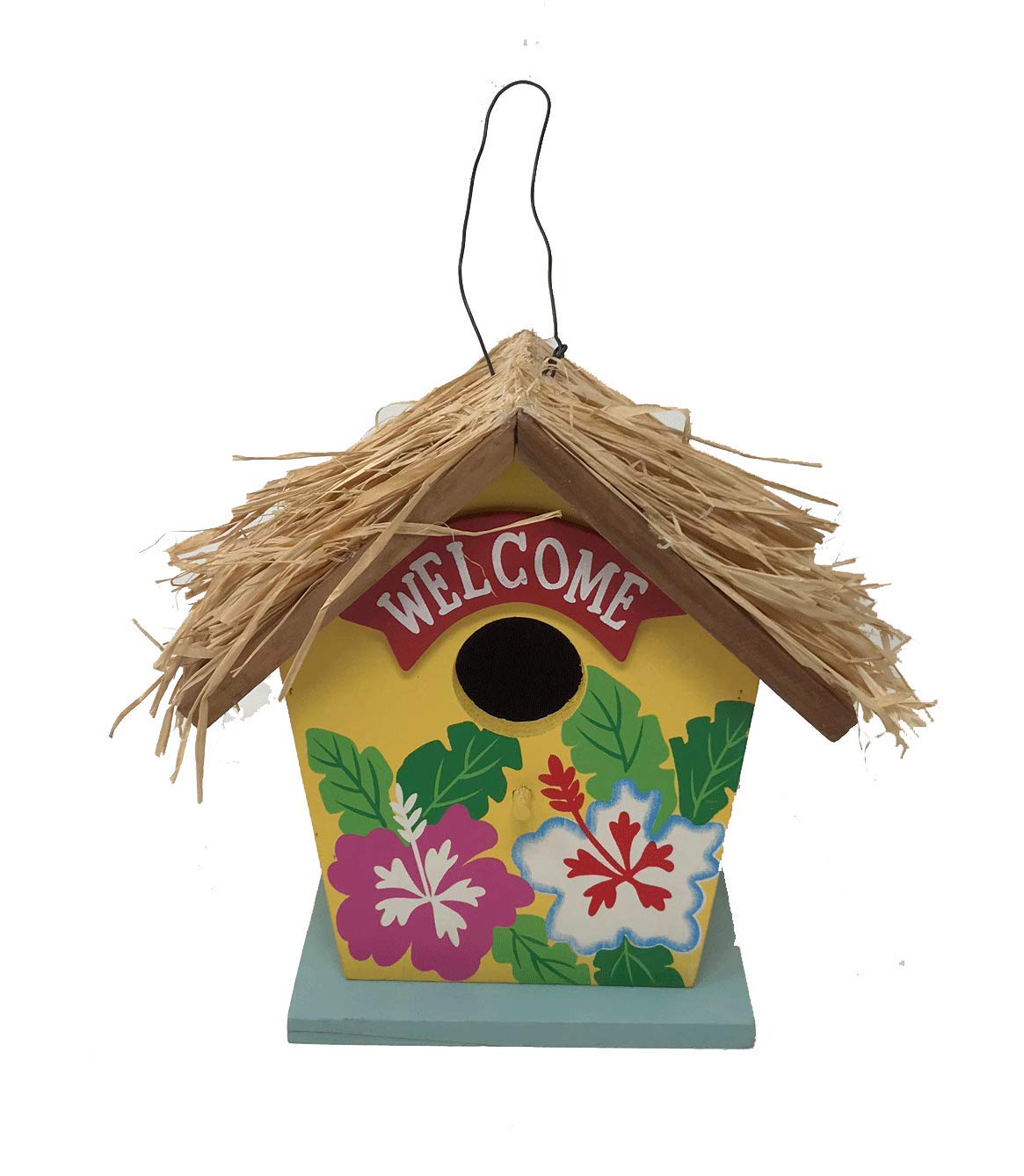 Handcrafted Hibiscus & Raffia Wooden Birdhouse - Island Imports - Perfect for Garden Decor & Outdoor Bird Watching