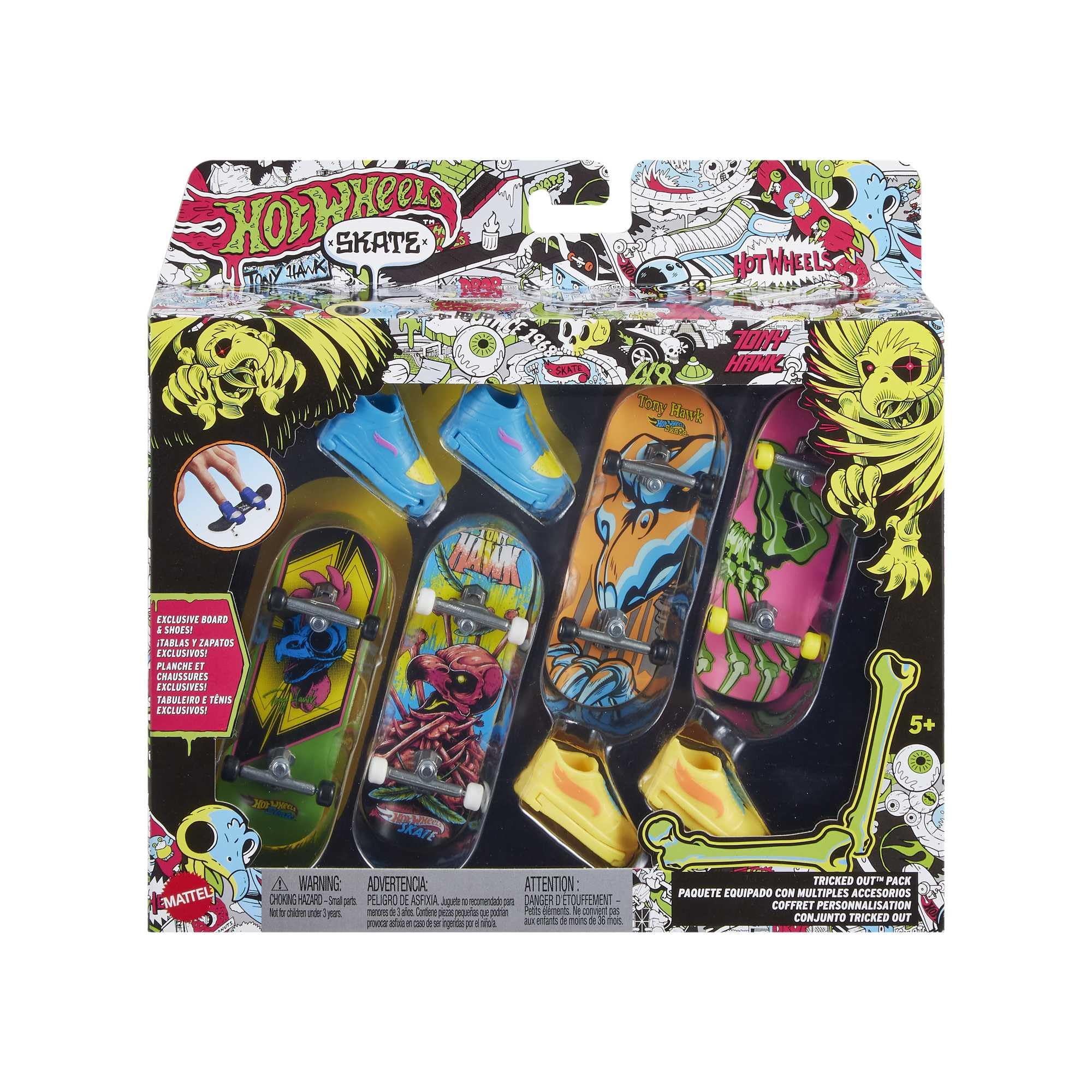 Tony Hawk Hot Wheels Skate Neon Bones Fingerboard Set - Mini Finger Skateboard with Removable Skate Shoes - Perfect for Collectors & Skateboard Enthusiasts - Great for Desktop Play, Gifts & Skateboarding Fans