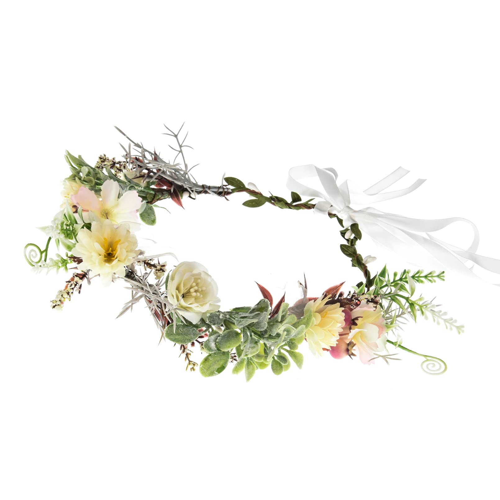Succulent Flower Crown Eucalyptus Halo Wedding Floral Headband - Photo Prop for Bridal Shower, Boho Wedding & Maternity Shoot (Fruit & Ivory Flowers)