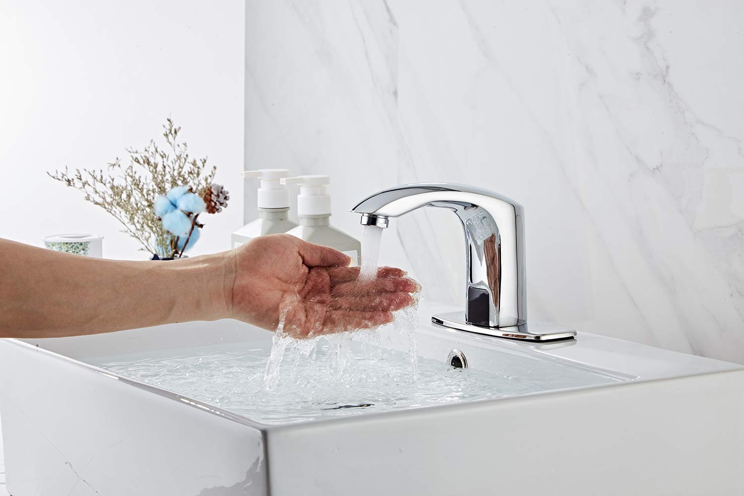 Automatic Touchless Bathroom Sink Faucet - Motion Sensor Hands-Free Chrome Vanity Faucet with Dual Power (Battery/AC), Temperature Mixer & Control Box - Ideal for Modern Homes, Public Restrooms & ADA Compliant Spaces