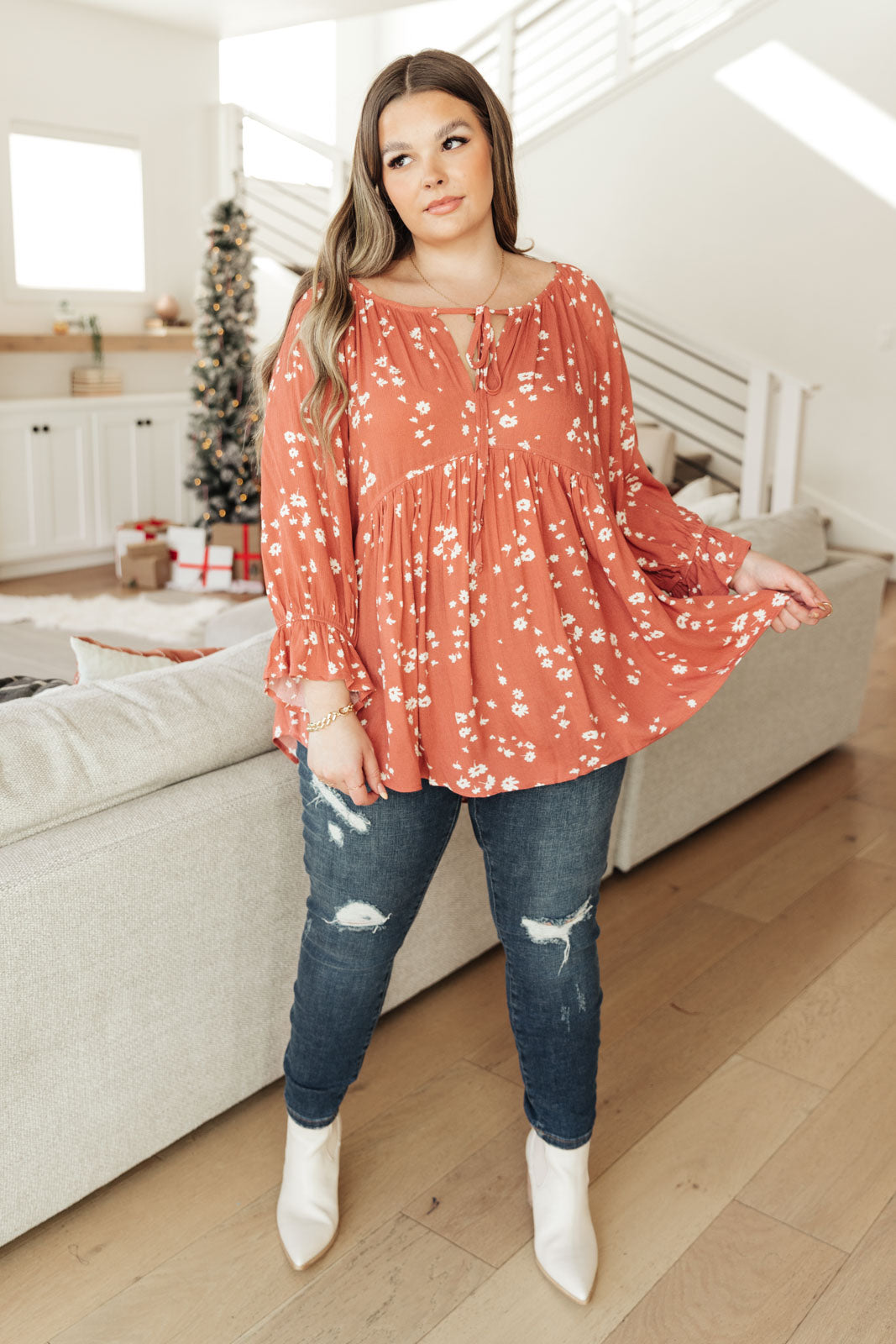 Stylish Daisy Flow Blouse in Rust Color - Perfect for Casual Outings, Office Wear & Spring Fashion