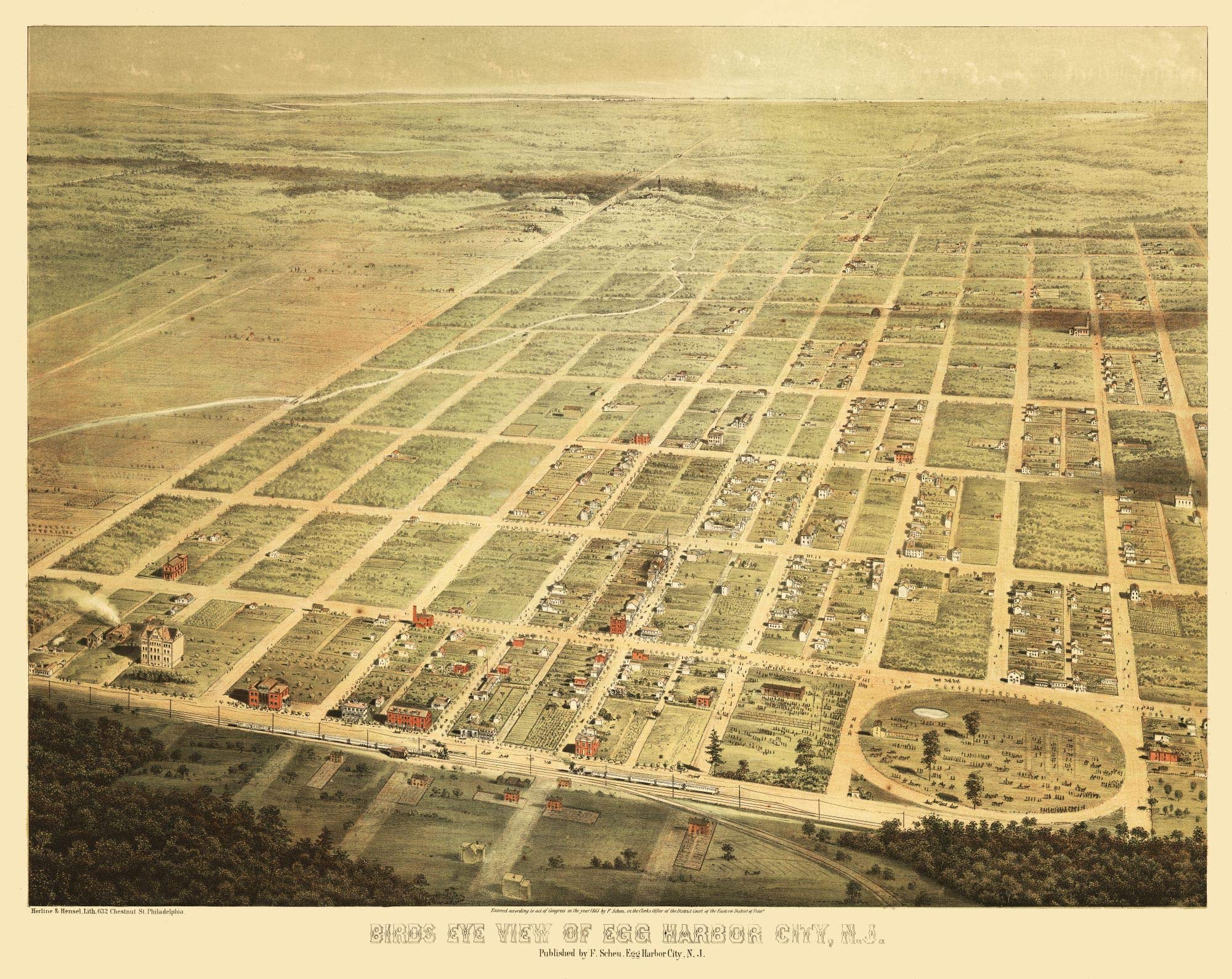 Vintage 1865 Egg Harbor City New Jersey Map by Scheu - 23x28.93 Inch Matte Canvas Wall Art - Perfect for Home Decor, Office & History Lovers