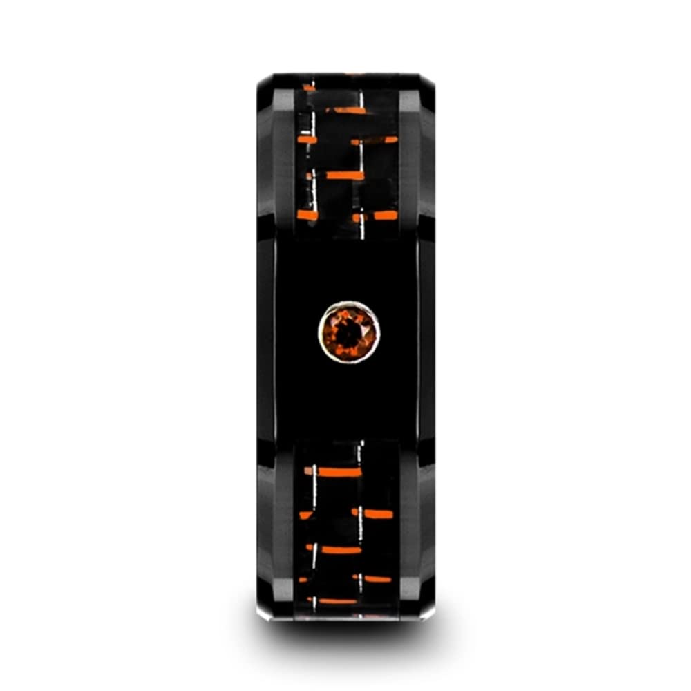 Roy Rose Jewelry Men's Black Ceramic & Orange Carbon Fiber Wedding Ring with Padparadscha Stone - 8mm Comfort Fit Beveled Edge Band - Perfect for Engagements, Anniversaries and Special Occasions - Style: Helsing
