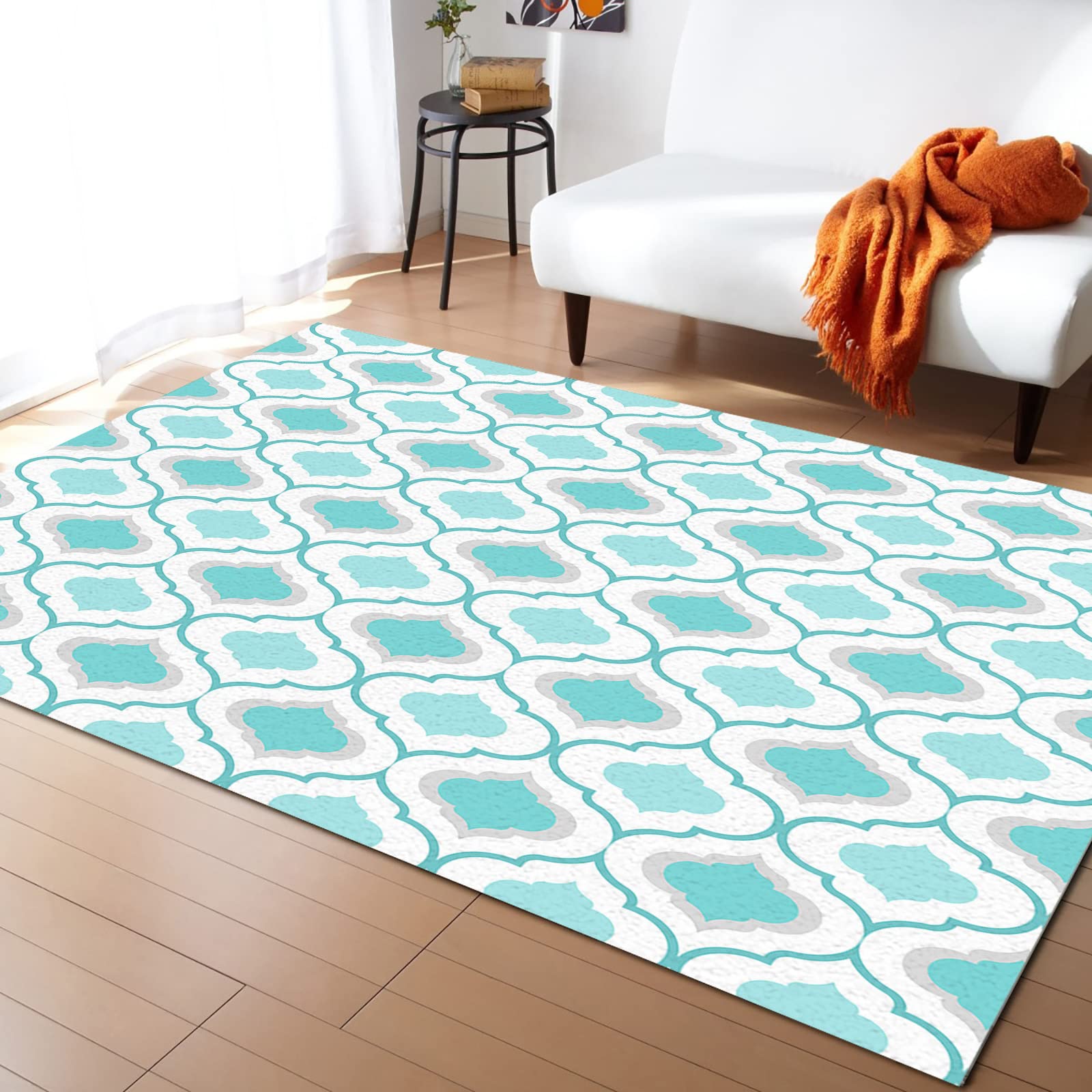 4' x 6' Blue Green Moroccan Quatrefoil Area Rug - Non-Slip Durable Rectangular Carpet for Living Room, Bedroom & Outdoor Use - Geometric Lattice Design Home Decor Floor Mat