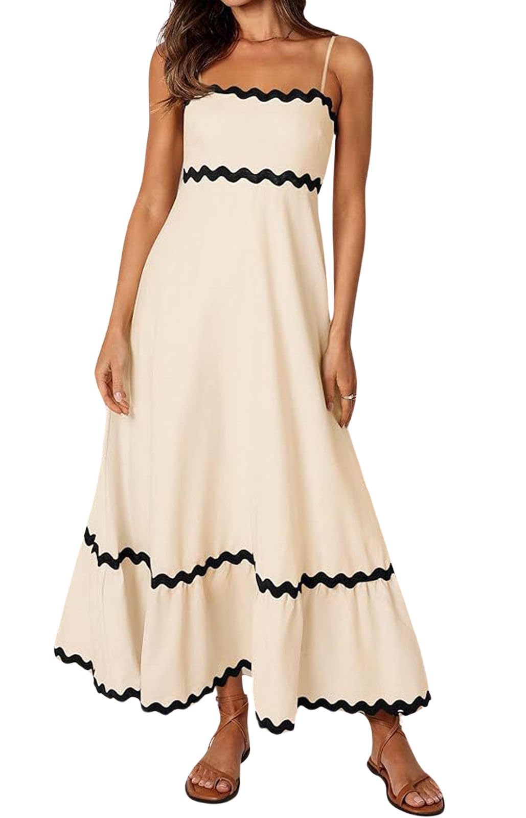 CHARTOU Women's Summer Sleeveless Flowy Midi Dress - Lace Spaghetti Strap A-Line Sundress with Ruffle & Smocked Waist | Perfect for Beach Vacations, Date Nights & Summer Parties