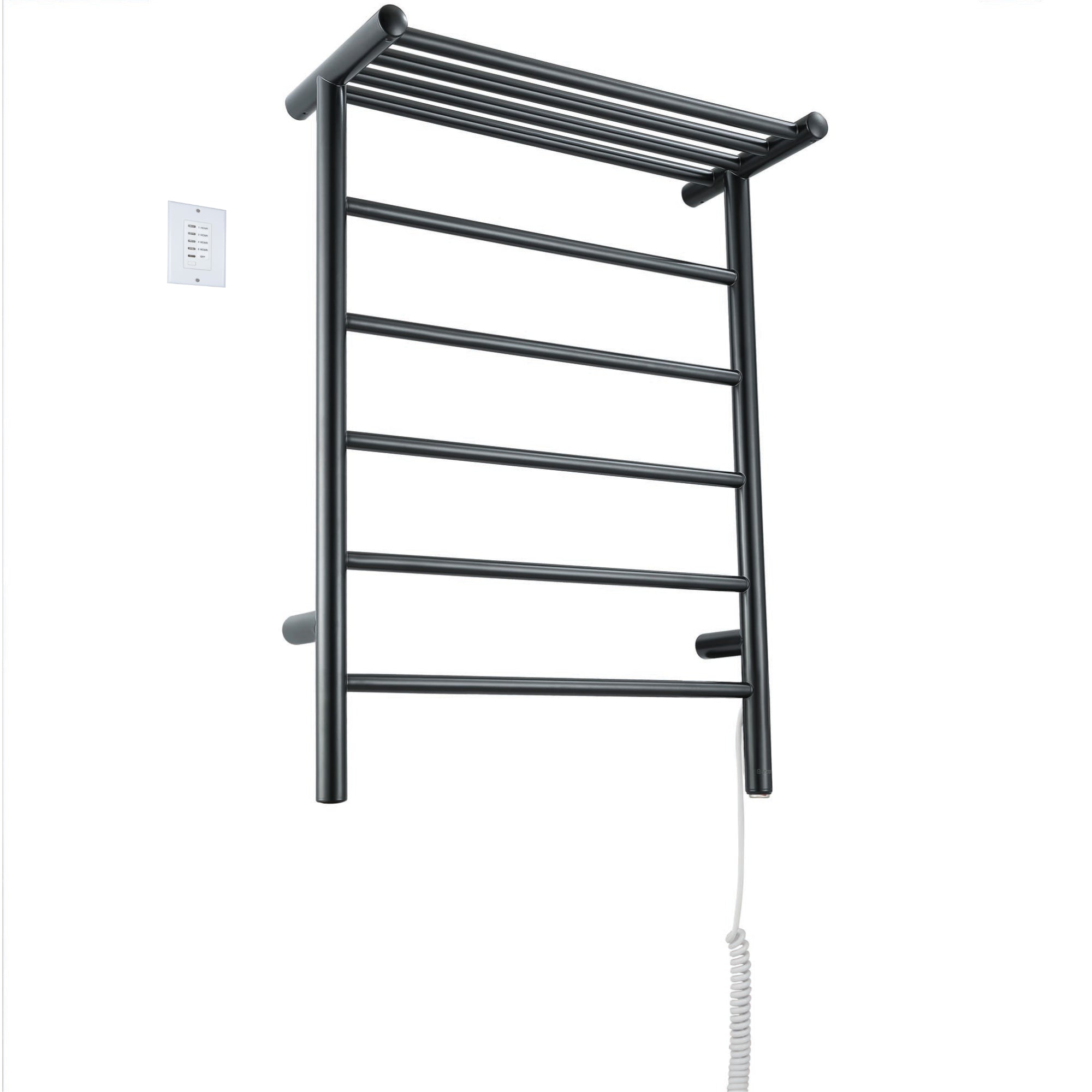 Ancona Miazzo 5 Bar Electric Wall Mount Towel Warmer - Plug In & Hardwire with Shelf & Timer - Matte Black - Perfect for Bathroom, Spa & Luxury Home Heating