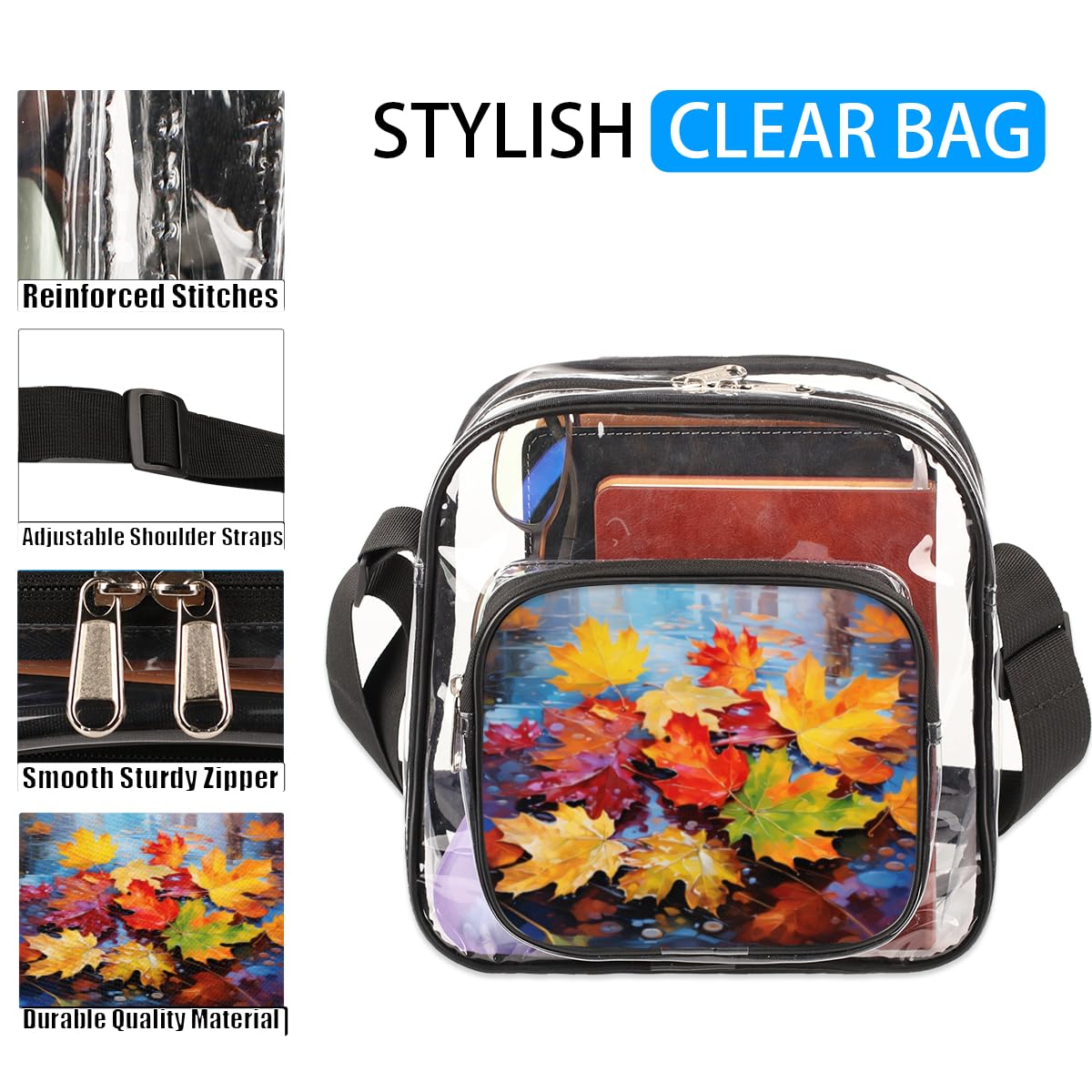 Mularoka Maple Leaf Clear Crossbody Purse Bag - Stadium Approved Transparent Shoulder Bag for Women & Men - Perfect for Music Festivals, Sports Events & Concerts - Fashionable Maple Leaf Design Clear Bag