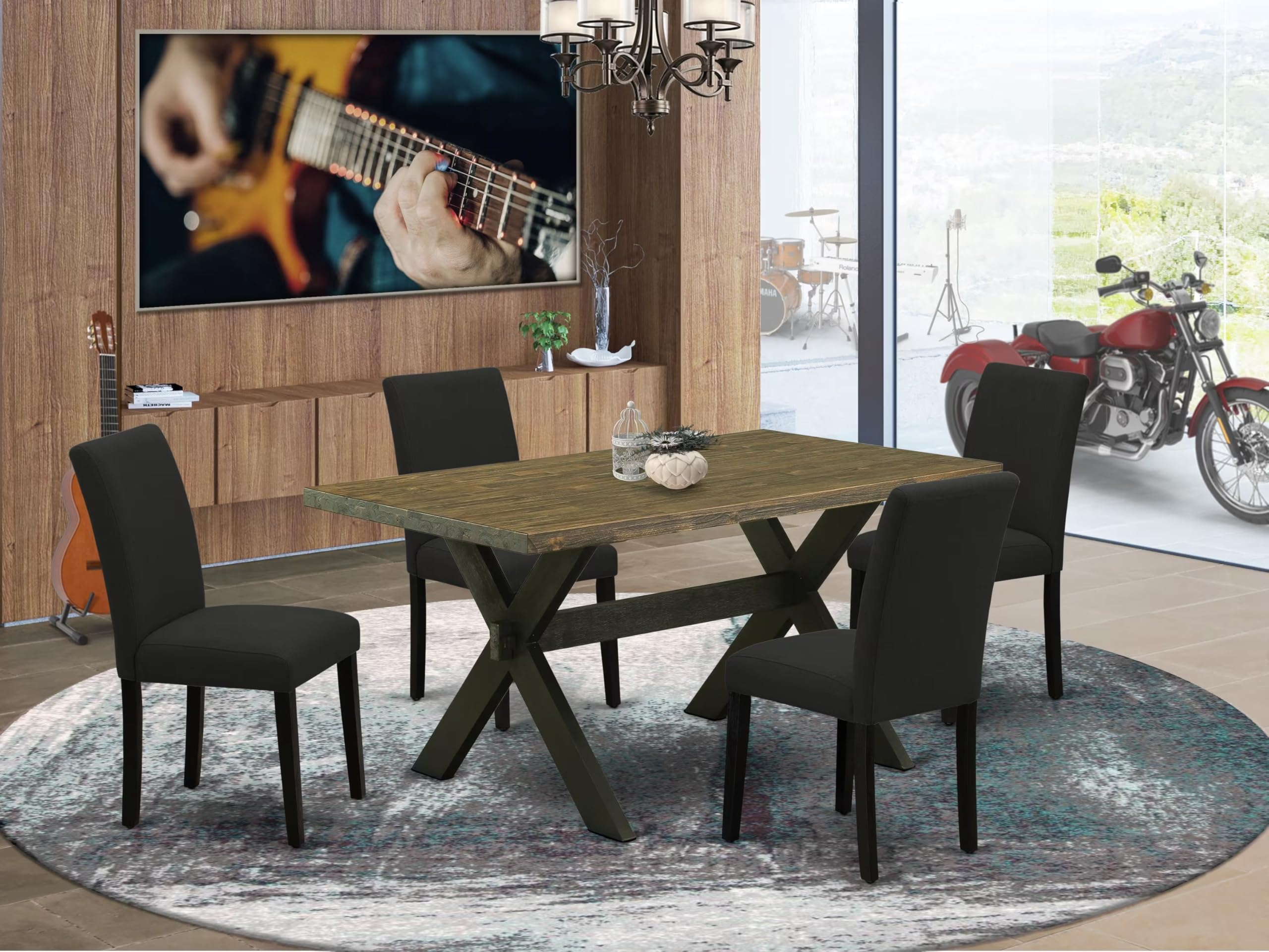 East West Furniture X676AB624-5 5-Piece Kitchen Dining Set - 36x60 Inch Rectangle Table with X-Legs & 4 Black Linen Upholstered Chairs - Modern Dining Room Furniture for Small Spaces, Breakfast Nooks & Compact Apartments