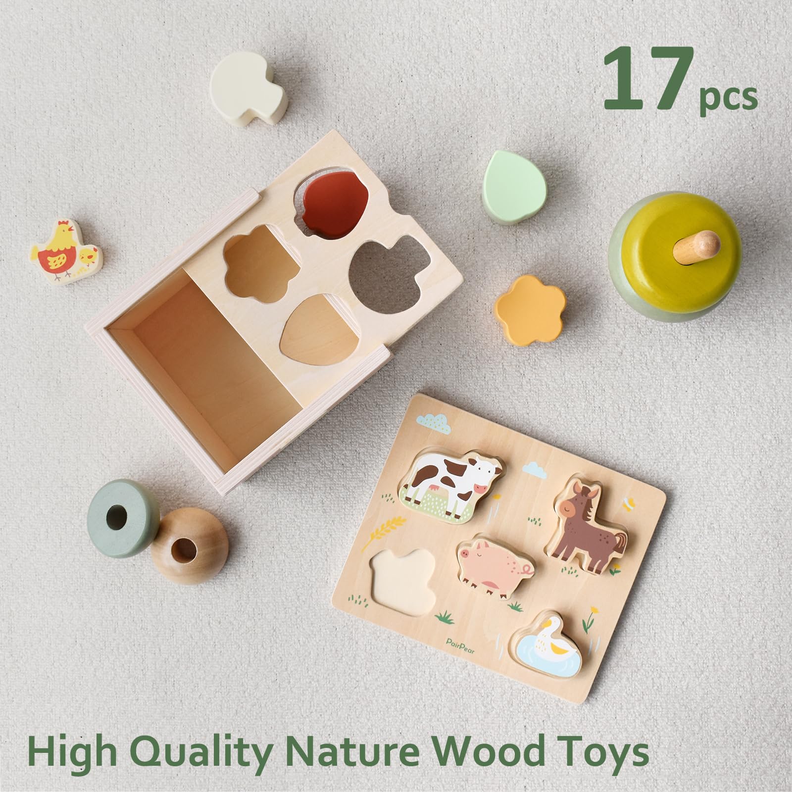 PairPear 3-in-1 Wooden Educational Toys Set - Shape Sorter Cubes, Stacking Blocks & Animal Puzzles - Montessori Learning Toys for Toddlers 1+ Years - Perfect Gift for Birthday & Early Childhood Development (Playroom, Preschool, Daycare)