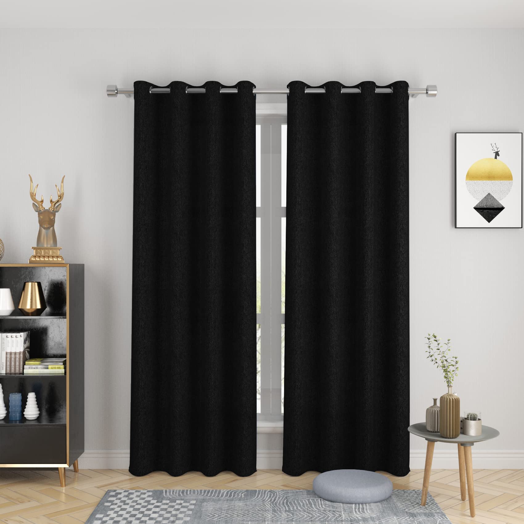 UPOPO Black Linen Textured Curtains 72 Inch Length - Thermal Insulated Grommet Top Window Drapes for Kitchen, Living Room, Bedroom & Basement - 2 Panels Set for Privacy & Light Control - Perfect for Home Decor & Room Darkening