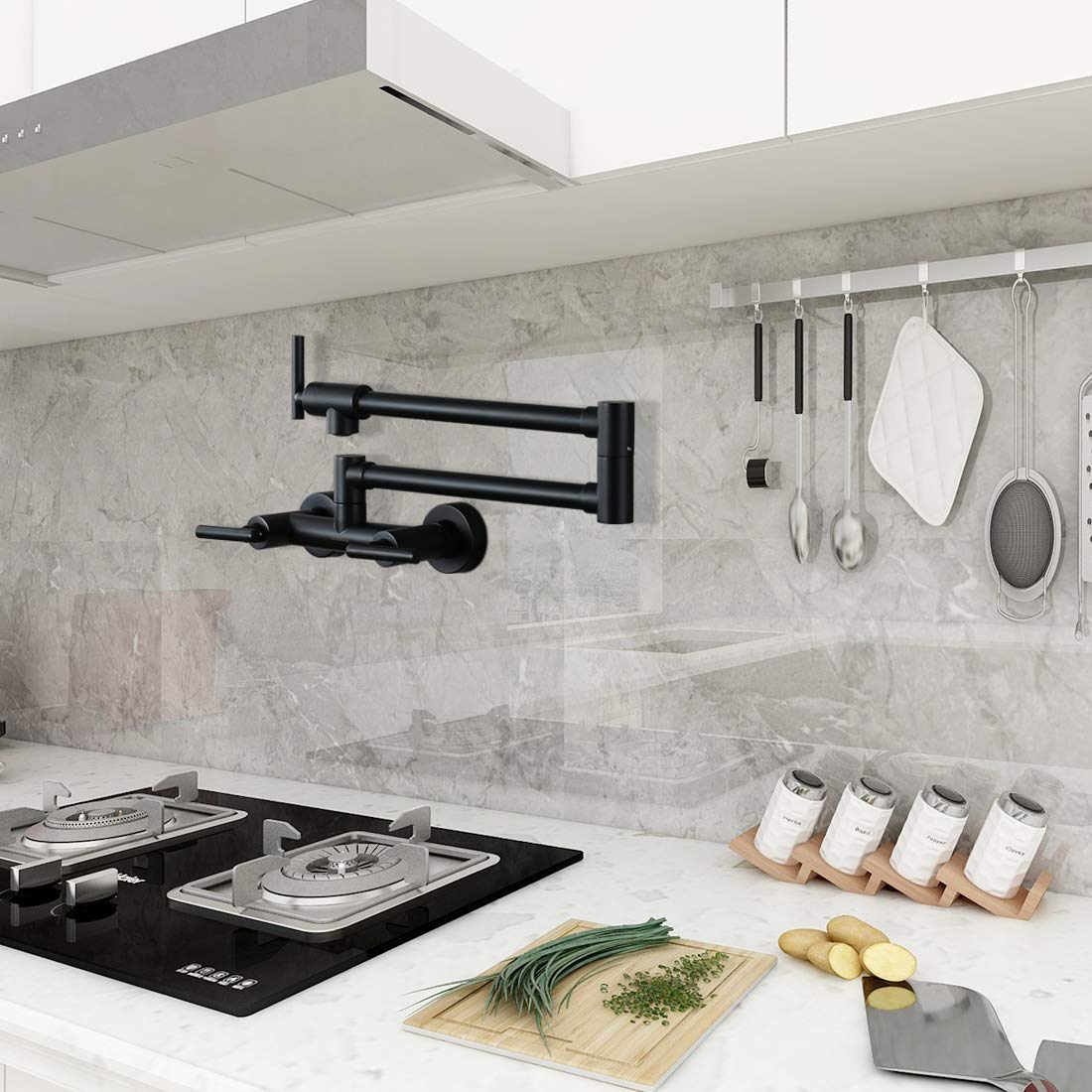 **Black 4-inch Pot Filler Faucet - Hot & Cold Water Folding Kitchen & Bathroom Faucet for Easy Cooking & Handwashing**