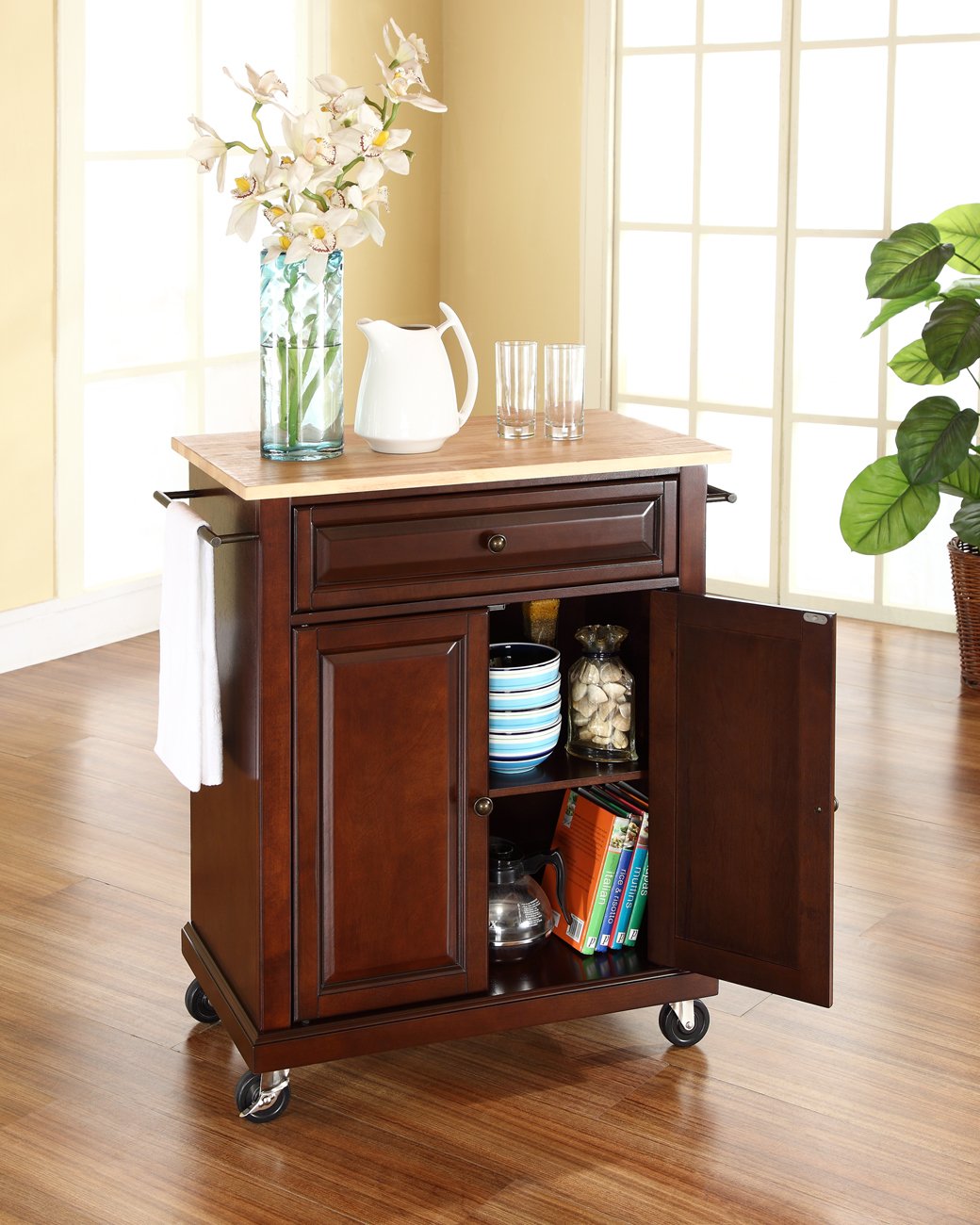 Crosley Compact Wood Top Rolling Cart with Shelves - Microwave Stand with Towel Rack, Mahogany - Perfect for Kitchen, Bathroom, or Office Storage and Organization