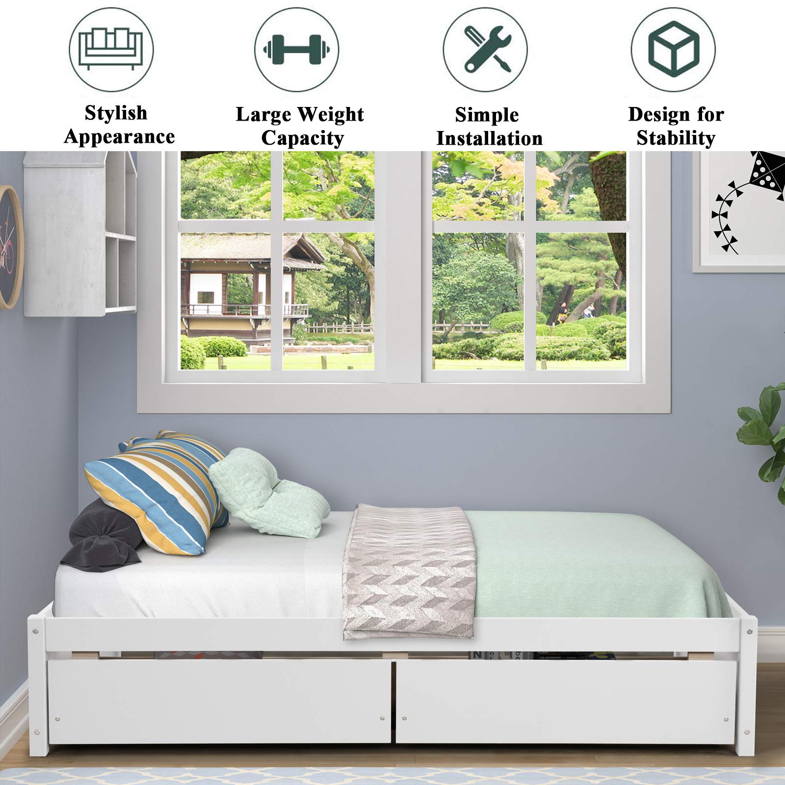 Twin Platform Bed Frame with 2 Storage Drawers - Solid Wood Kids Bed for Toddler Boys & Girls - 10 Slat Support No Box Spring Needed - Easy Assembly (Bright White) - Perfect for Small Bedrooms & Space Saving Kids' Rooms
