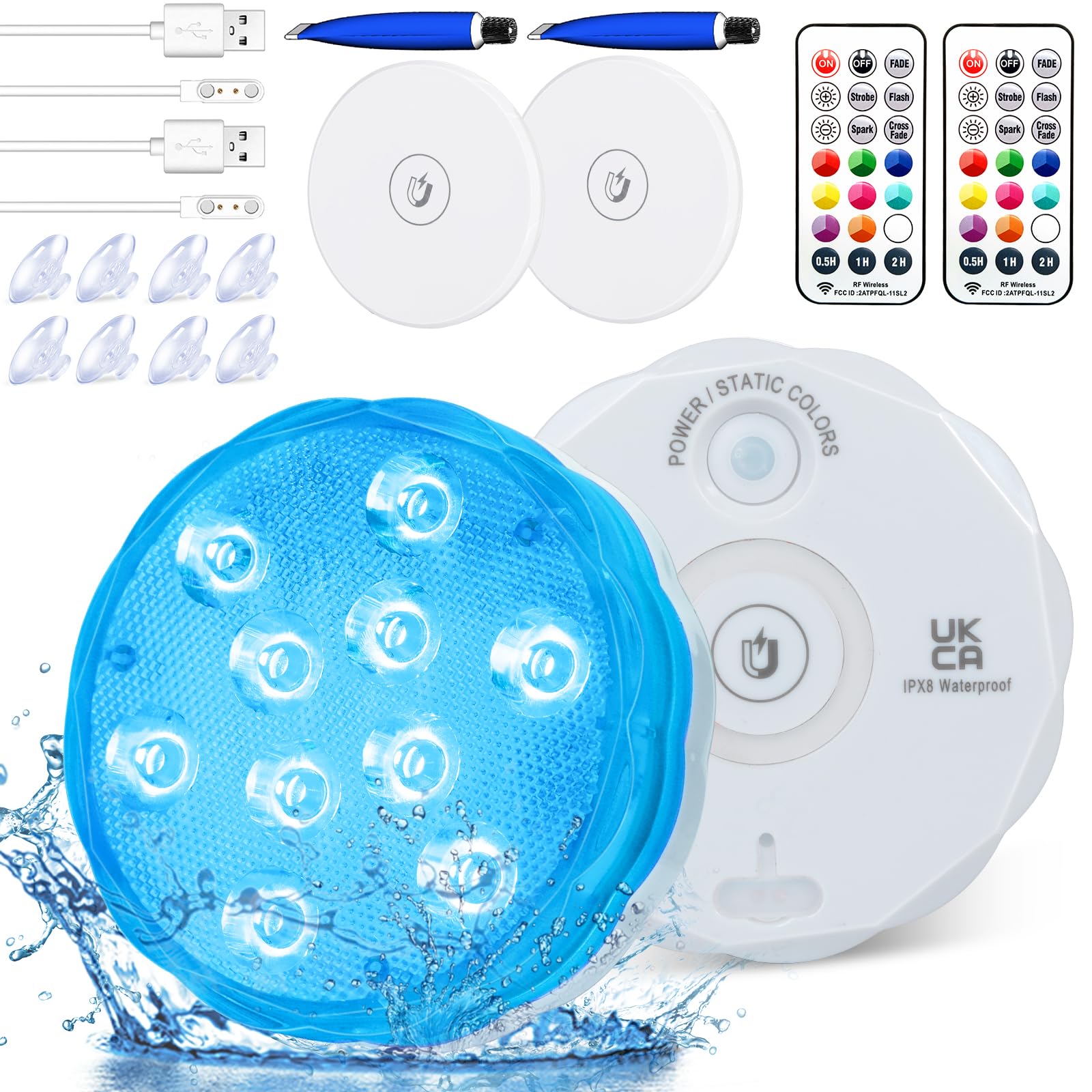 Rechargeable Submersible LED Lights with Remote Control - USB Color Changing Aquarium Lights with Magnetic Suction Cups - Waterproof Underwater Pool Lights for Inground Pools, Showers & Hot Tubs - Perfect for Aquariums, Ponds, Spas and Night Swimming (2 Pack)