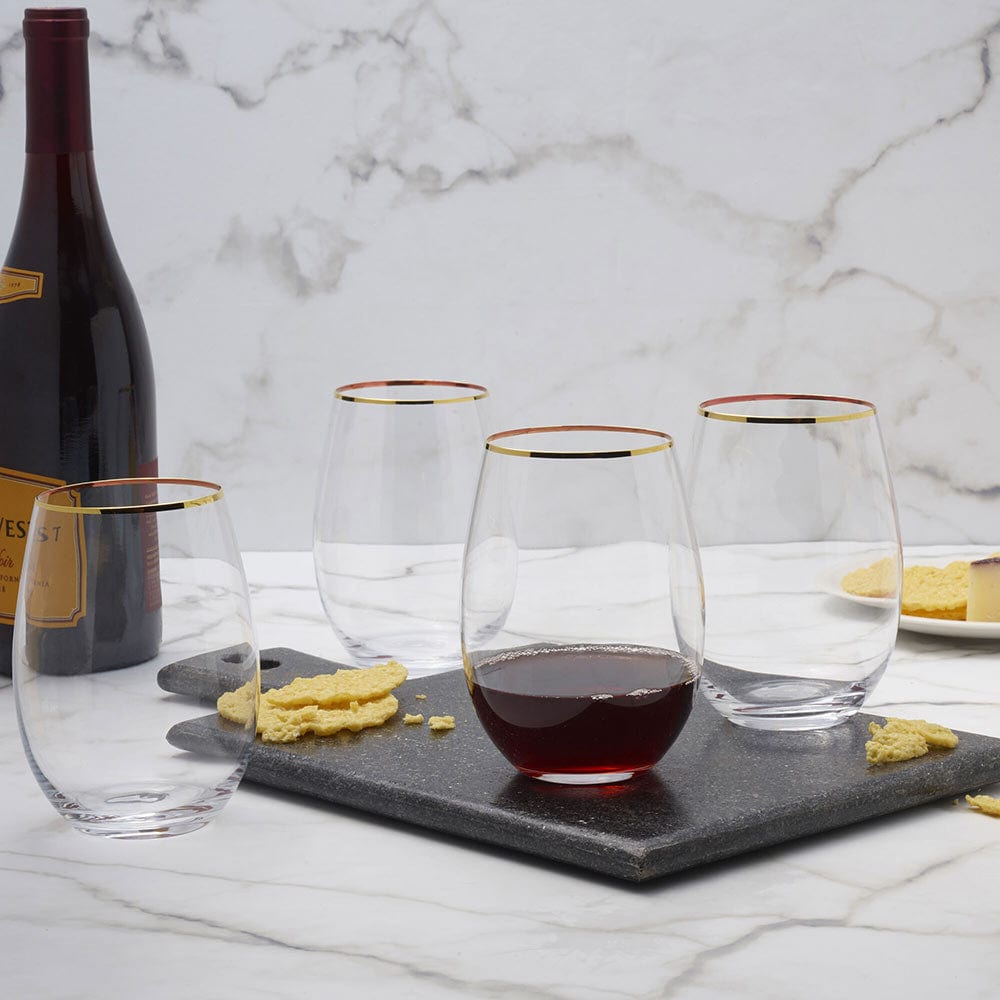 Julie Gold Set of 4 Stemless Wine Glasses - Elegant Unbreakable Crystal Clear Glassware for Red White Wine & Cocktails - Perfect for Parties, Weddings & Home Entertaining