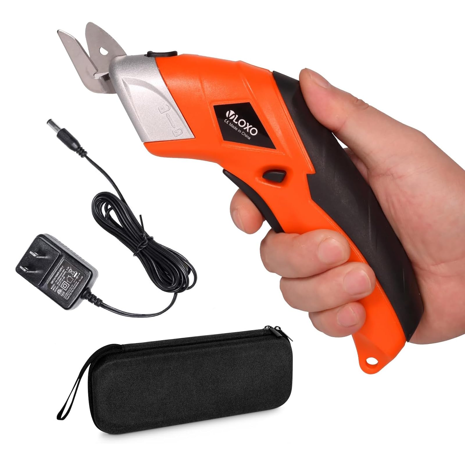 VLOXO Rechargeable Cordless Electric Scissors - Powerful Fabric Cutter for Leather, Cardboard, Carpet, Plastic & Felt | Includes Blades & Storage Case | Perfect for DIY Crafts, Home Improvement & Packaging (Orange)