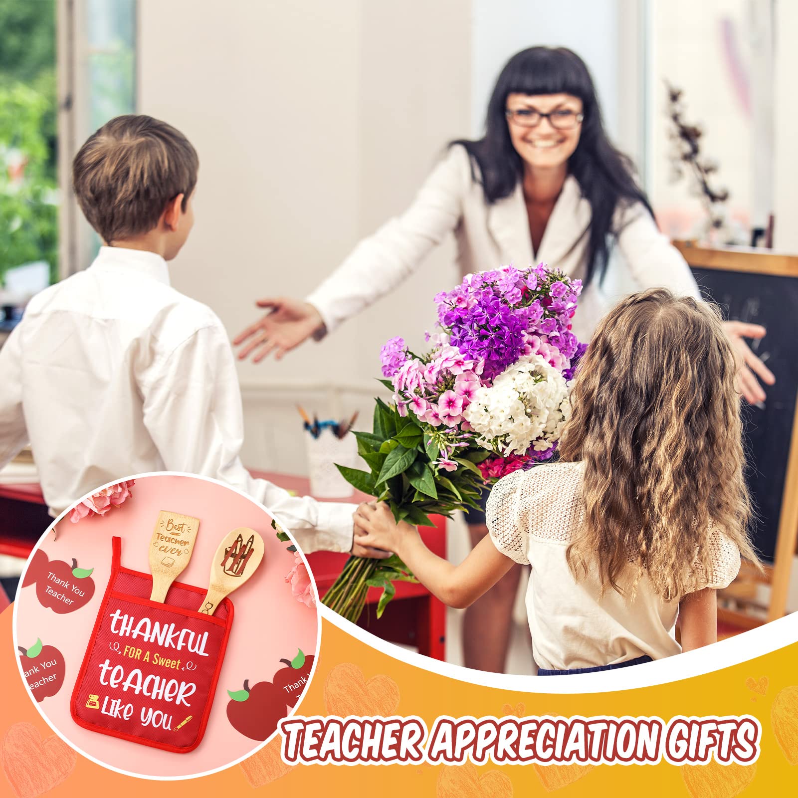 Remerry 12-Piece Teacher Appreciation Gift Set - 3 Heat-Resistant Potholders, Oven Mitt, 6-Piece Bamboo Kitchen Utensil Set & 3 Thank You Cards - Perfect Cooking & Baking Gifts for Women Teachers