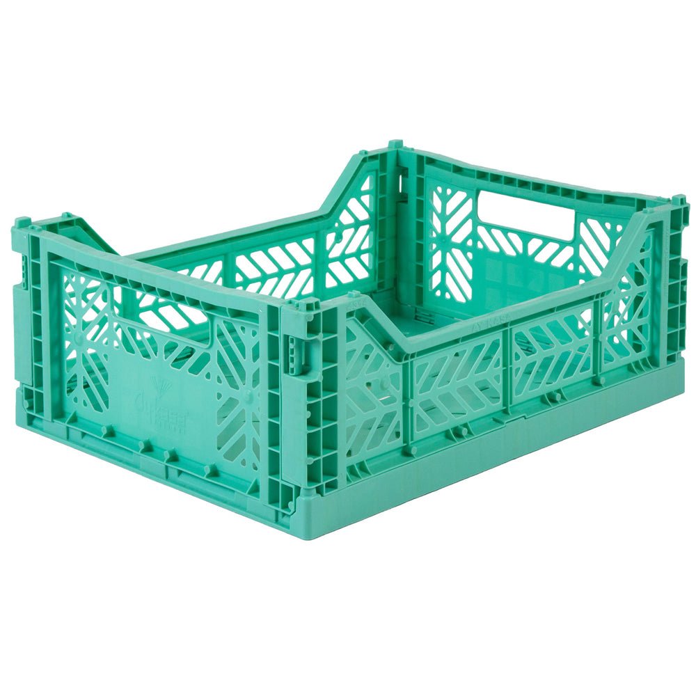 AyKasa Folding Storage Crate - Collapsible Plastic Bin with Handles, Mint Green - Perfect for Home Organization, Laundry, Grocery Shopping & Car Storage
