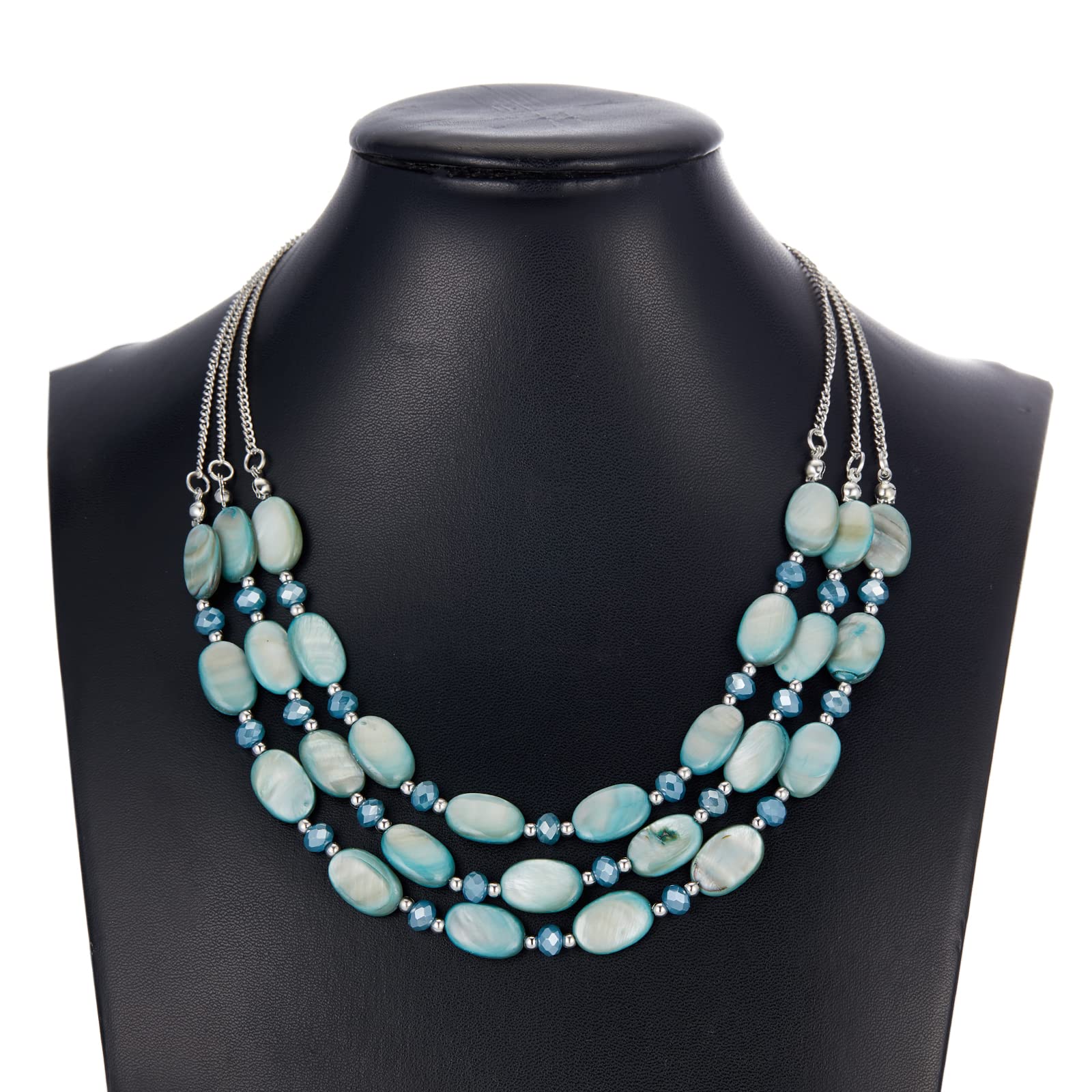 FULU AUTUMN Women's Chunky Layered Beaded Necklace - Silver Chain Statement Jewelry Gift for Her (Grey Blue) | Perfect for Casual Outfits, Office Wear & Special Occasions