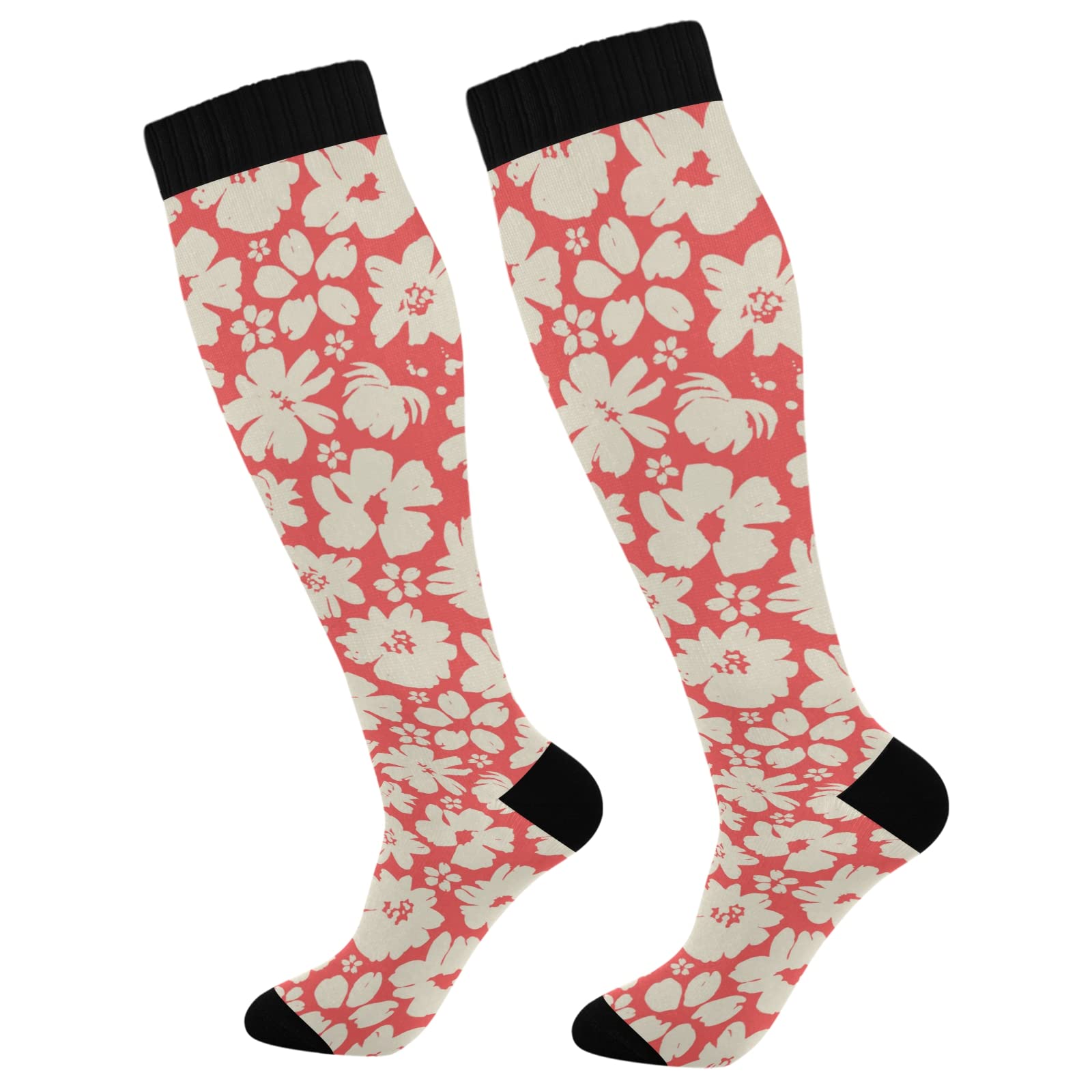 Beige Floral Compression Socks for Women & Men - Medical Grade Circulation Support Socks for Running, Cycling, Nursing & Travel - Comfortable Athletic Long Socks for Sports & Daily Wear