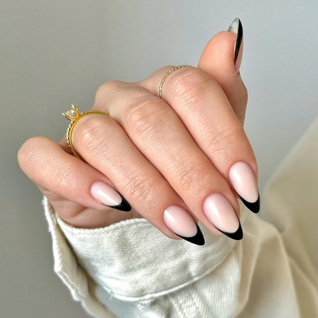 KQueenest Black French Tip Press on Nails - 24PCS Almond Short Medium Fake Nails with Gel Design, Natural Nude Stiletto Glue on Nails for Women | Easy Application, No Glue Needed | Perfect for Parties, Weddings & Everyday Wear