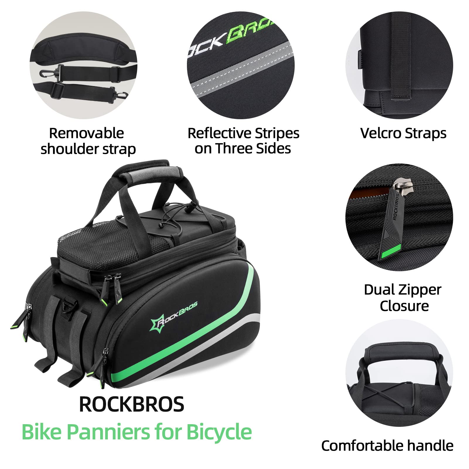 ROCKBROS Waterproof Bike Panniers - Rear Bicycle Rack Bag for Commuting, Touring & Travel - Durable Cargo Carrier with Reflective Strips (Green) - Perfect for Daily Commute, Camping Trips & Grocery Shopping