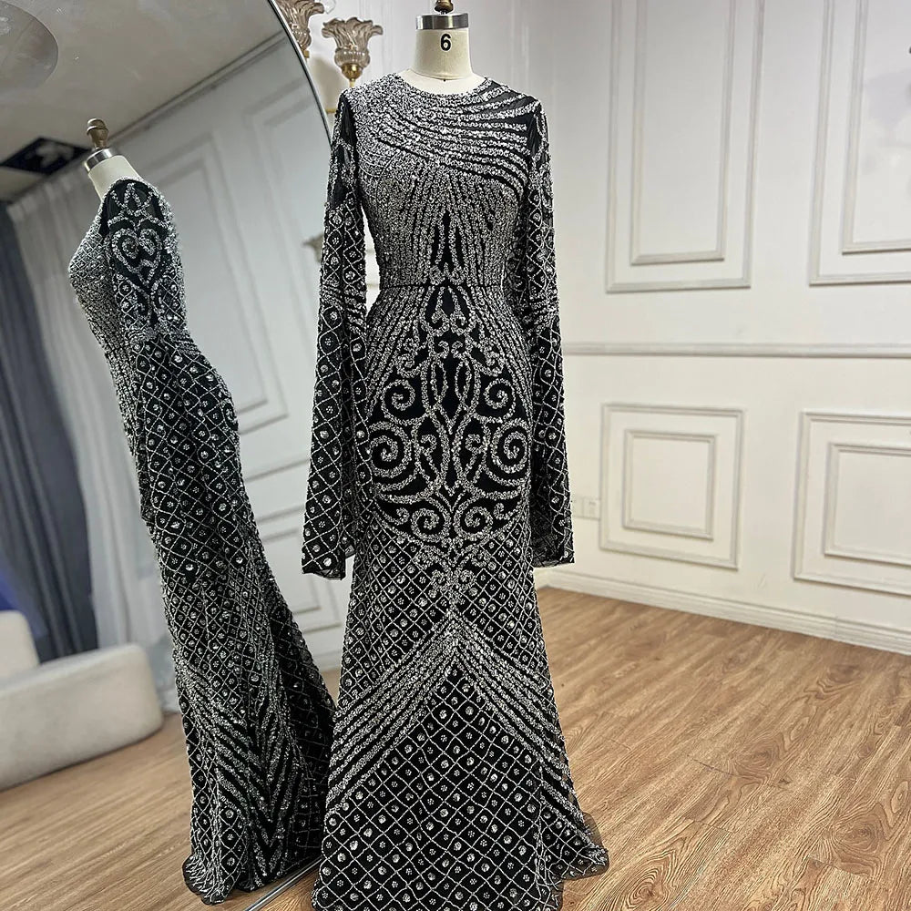 Luxury Dubai Flared Sleeves Caramel Beaded Saudi Arabic Mermaid Evening Dress Gown for Women - Formal Occasion Wedding Party Prom Night LA72771