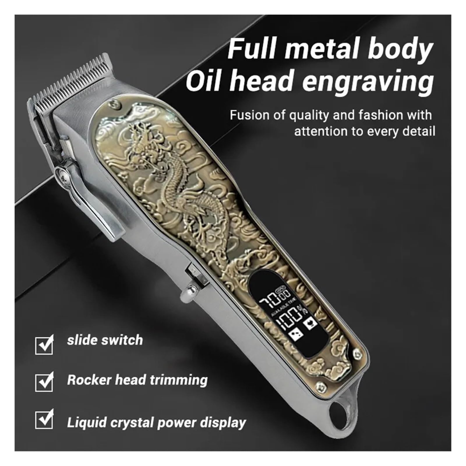 Professional Hair Clipper & Beard Trimmer for Men - USB Rechargeable with Digital Display, Electric Hair Cutting Machine (Bronze Dragon) - Perfect for Home Barbering, Salon Use & Travel Grooming