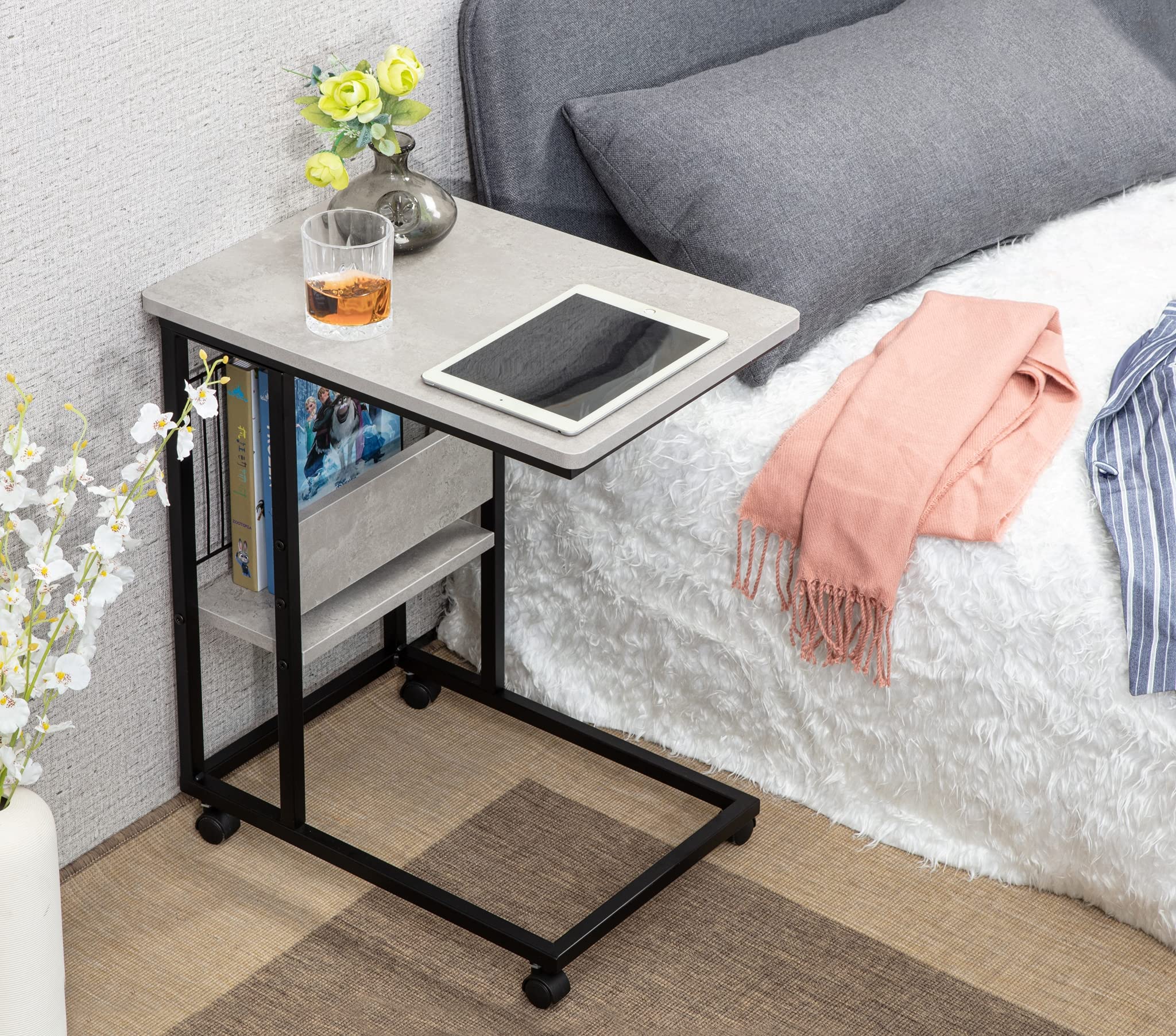 JJS Side End C Table with Magazine Holder - Slim Sofa Couch Table for Small Spaces, Snack & Drink Holder, Slide Under Design - Cement & Black Finish - Perfect for Living Room, Bedroom, or Office Use