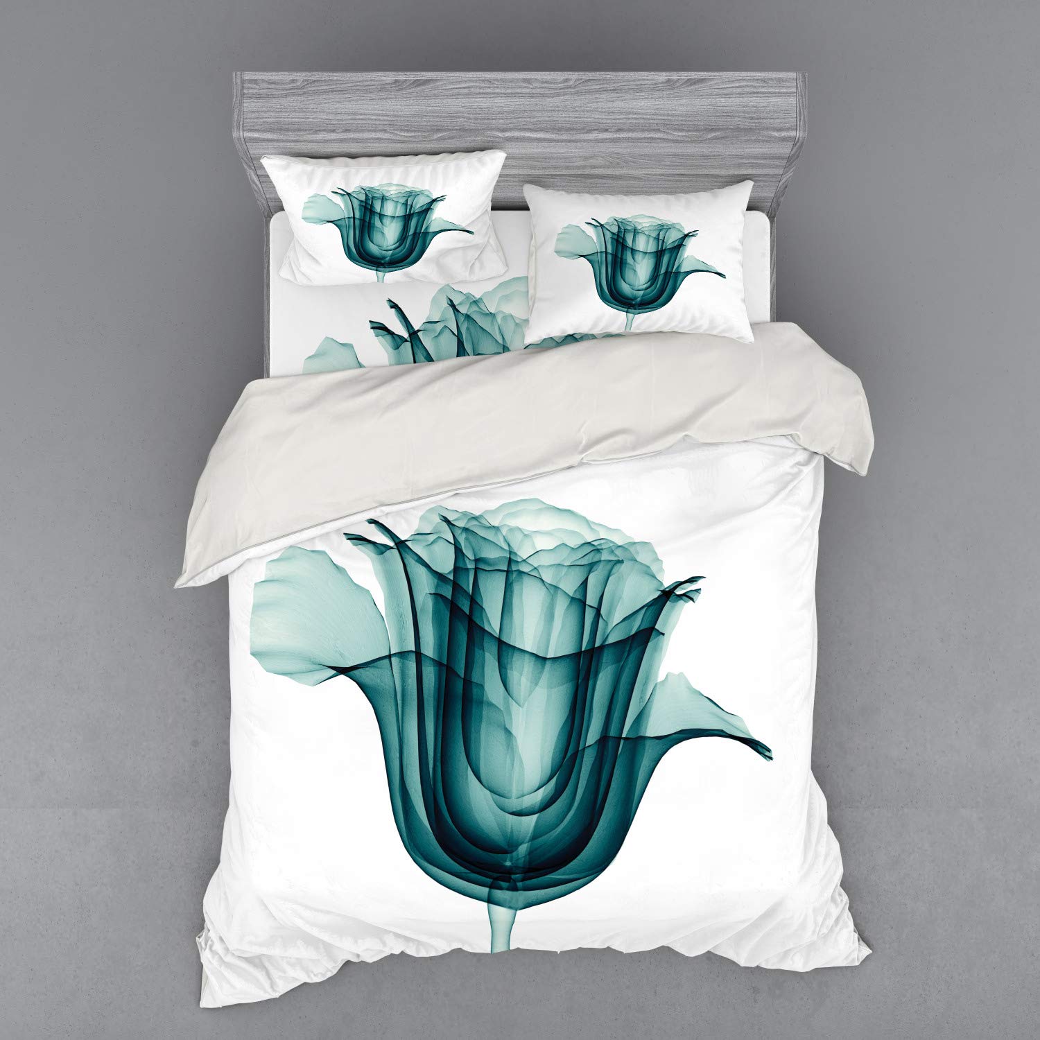 Ambesonne Floral Duvet Cover Set - Queen Size 4-Piece Bedding with Rose X-Ray Print in Teal & White | Romantic Nature-Themed Bedroom Decor for Master Bedroom, Guest Room & Dorm