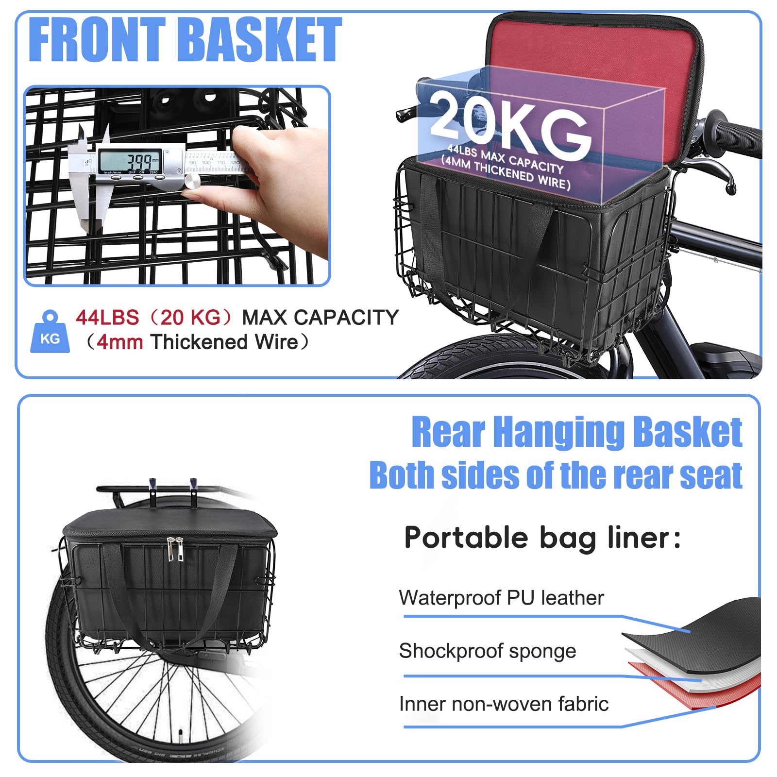 **Foldable Bike Basket Front & Rear - Waterproof Removable Liner Bag, Quick Release Cargo Rack for Bicycles - Perfect for Groceries, Pets (Dogs), Commuting & Outdoor Adventures**