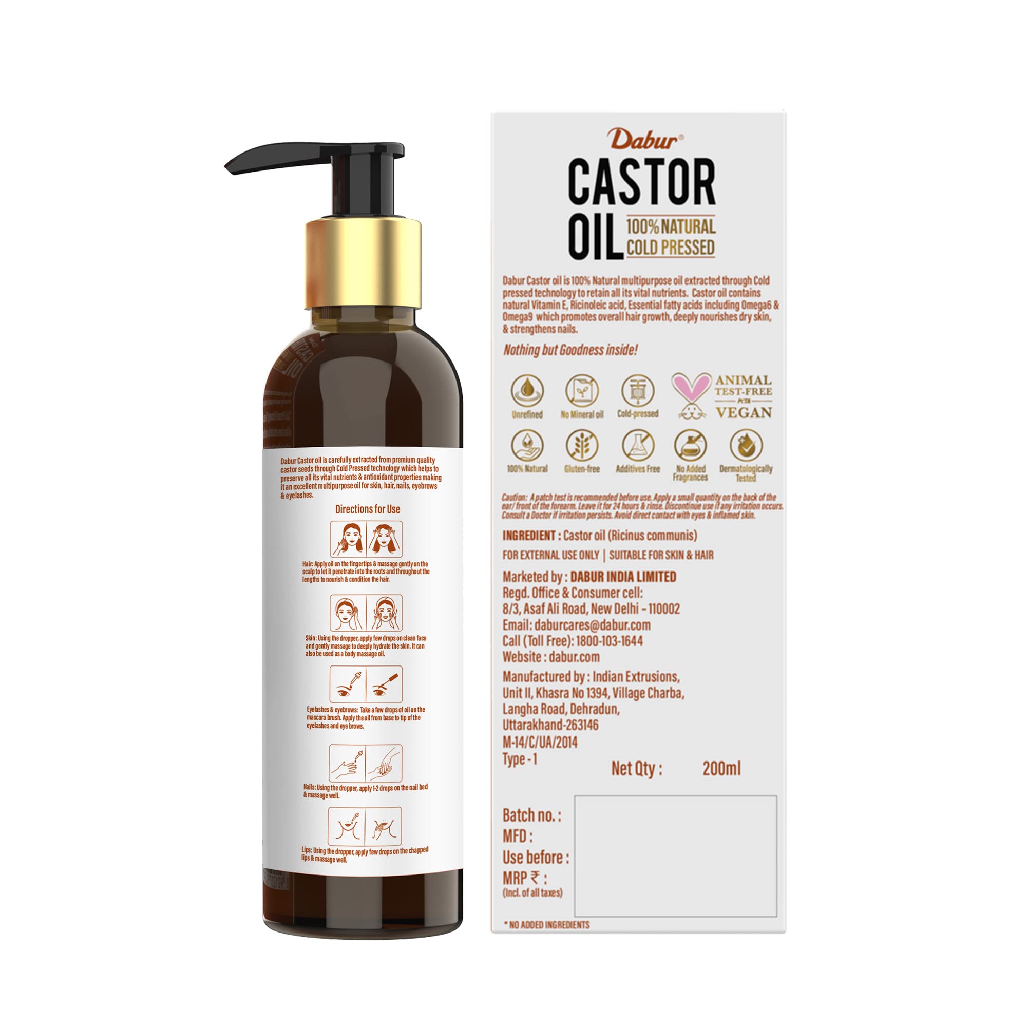 Dabur Castor Oil - 200ml | 100% Pure Cold Pressed Castor Oil for Hair Growth & Skin Care | Natural Moisturizer for Dry Skin, Eyelash & Eyebrow Growth | Reduces Wrinkles & Dark Circles | No Mineral Oil, Silicones or Additives | Perfect for Hair Masks, Skin Hydration & Beauty Routines