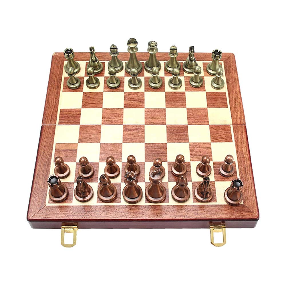 JW-YZWJ Handmade Wooden Chess Set with Metal Chess Pieces - Foldable & Portable Travel Chess Board Game - Educational Board Games for Kids & Adults - Perfect for Home, Office, Travel & Gifts