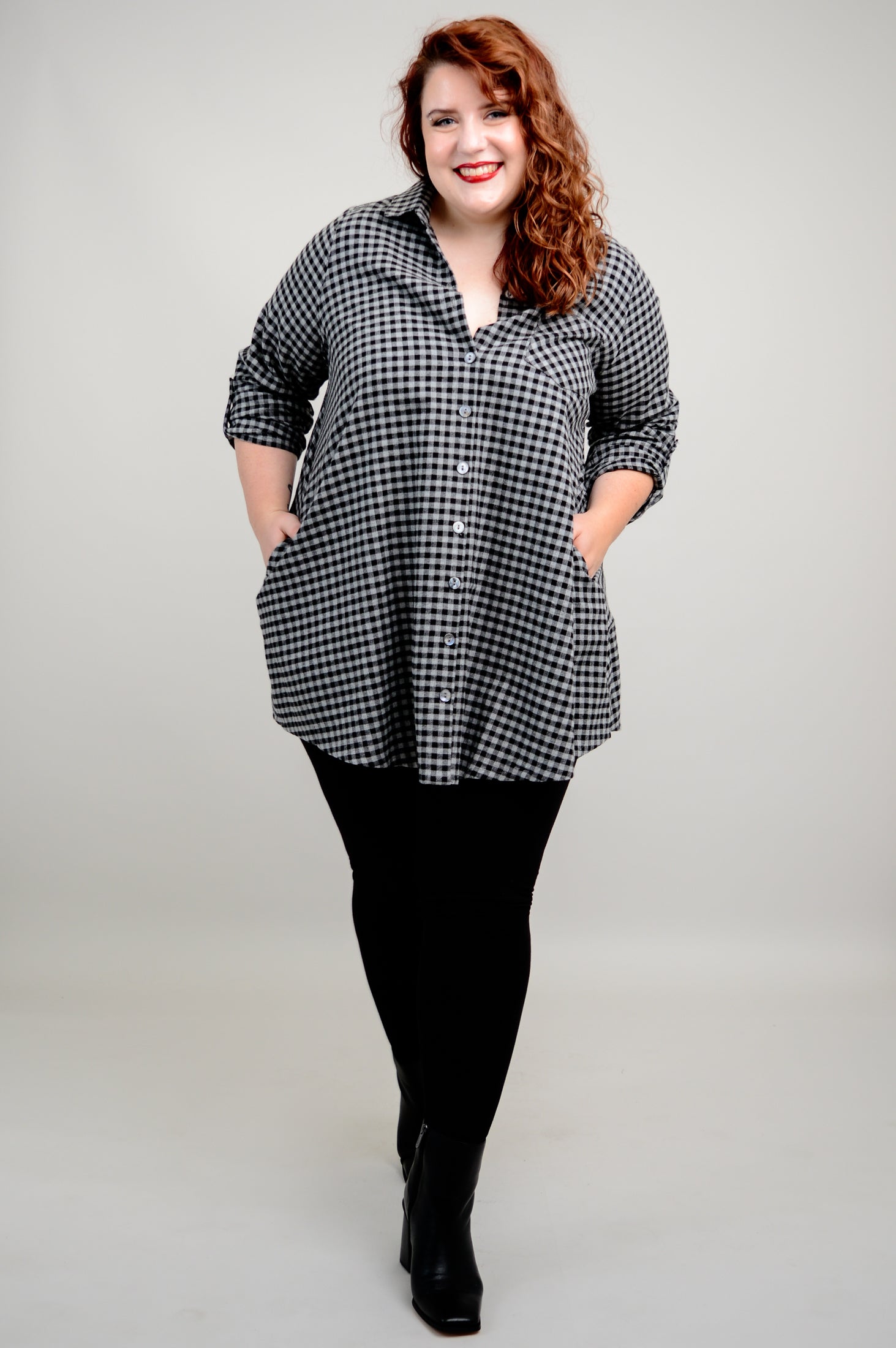 Celine Tunic Top - Charcoal Gingham Cotton Flannel Shirt for Women | Casual Wear, Office Outfit & Fall Layering Essential