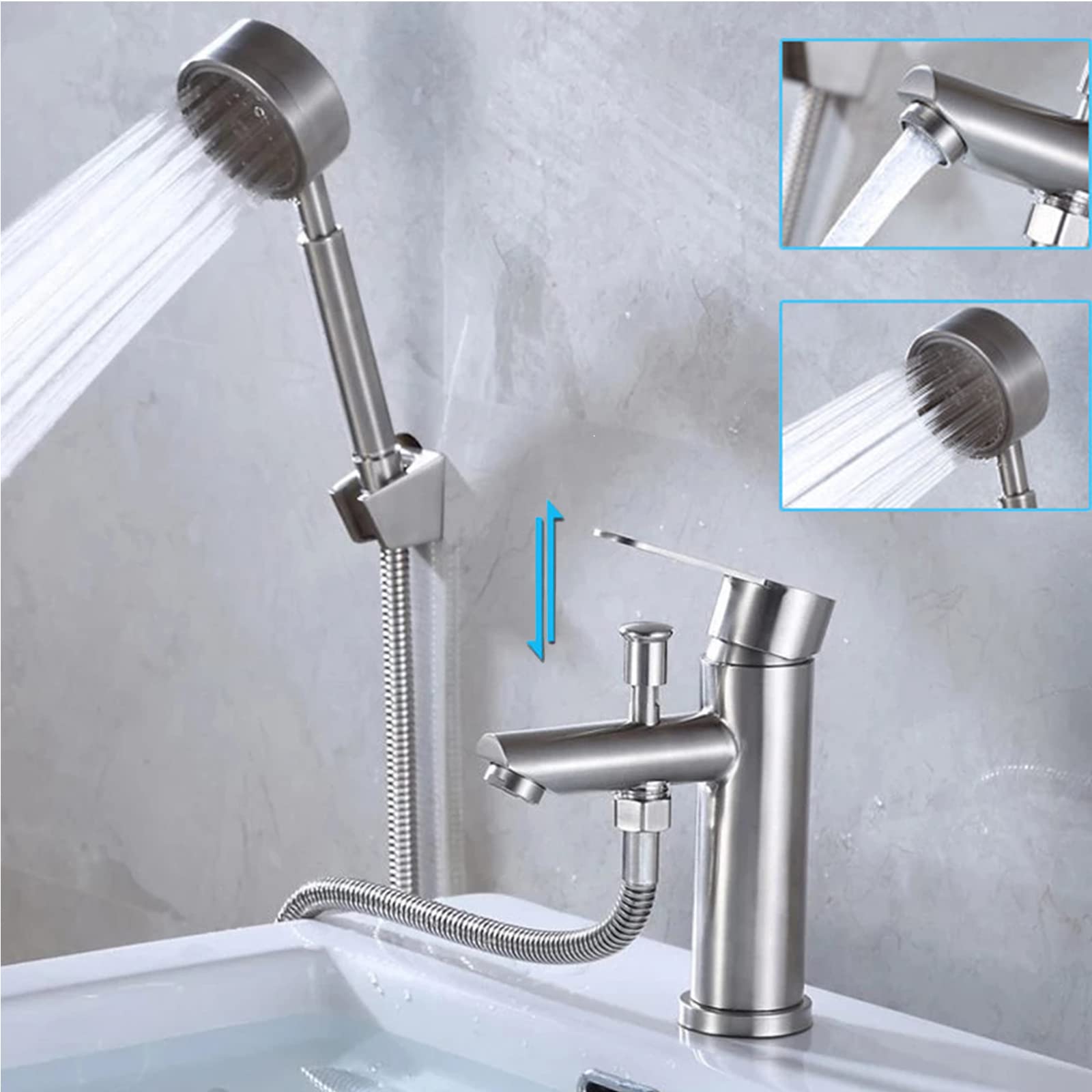 304 Stainless Steel Brushed Single Hole Bathroom Faucet with Handheld Shower Head - Single Handle Hot and Cold Mixer Tap for Bathroom Sink - Perfect for Modern Home, Apartment, and Hotel Renovations