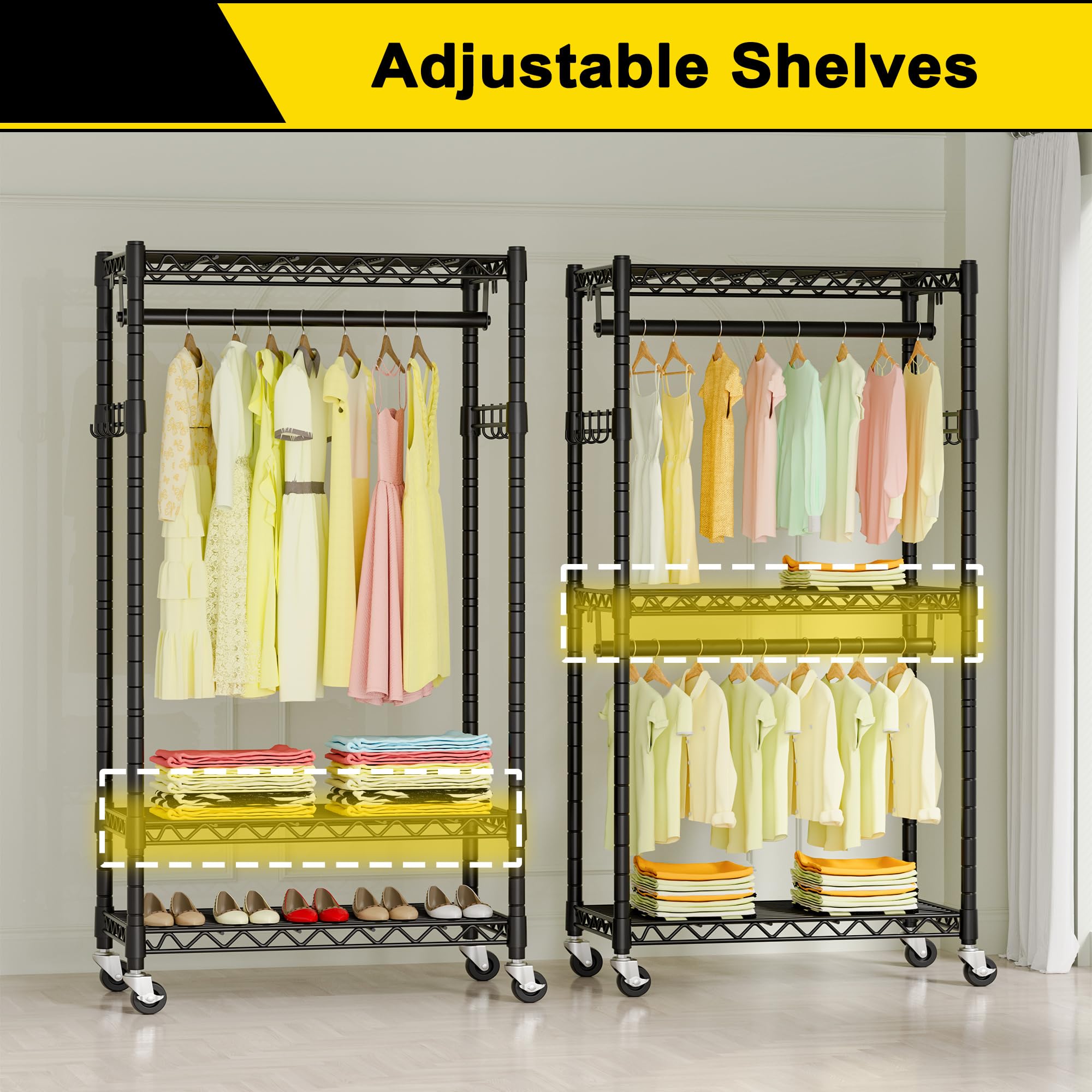 GIOTORENT G12 Heavy Duty Rolling Garment Rack - 3-Tier Metal Clothes Rack with Double Rods & Hooks, Freestanding Wardrobe Organizer (450 lbs Capacity, Black) - Perfect for Home Closet Organization, Retail Store Displays & Portable Clothing Storage