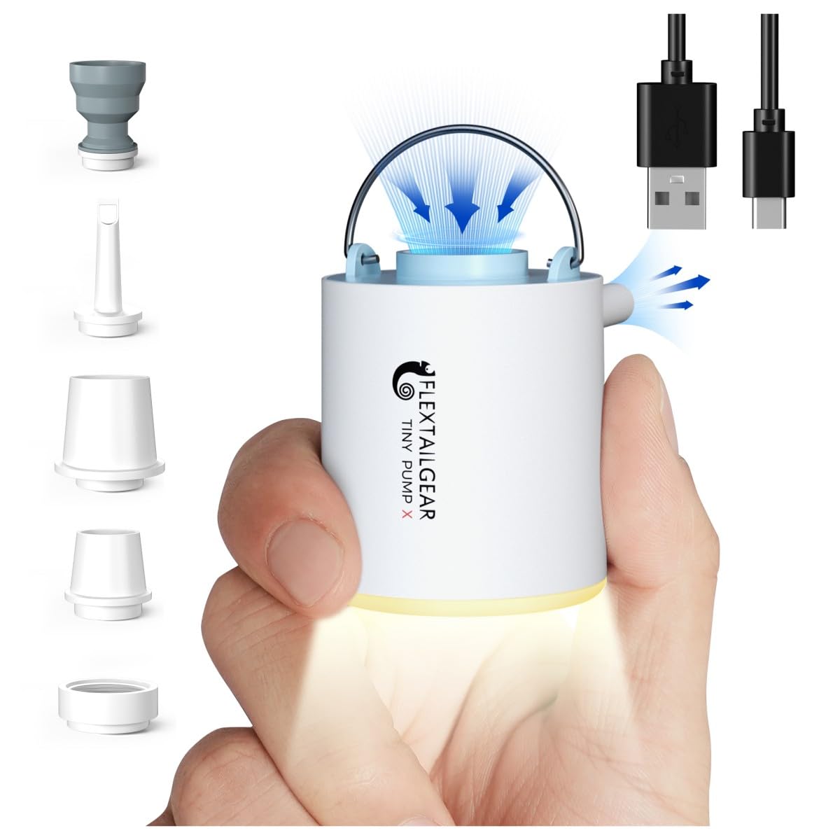 FLEXTAILGEAR Tiny Pump X - Portable Air Pump & Camping Light with 1300mAh Battery | USB Rechargeable for Inflating Sleeping Pads, Pool Floats, Air Beds, Mattresses | Perfect for Camping, Travel, Beach & Pool Parties (Blue)