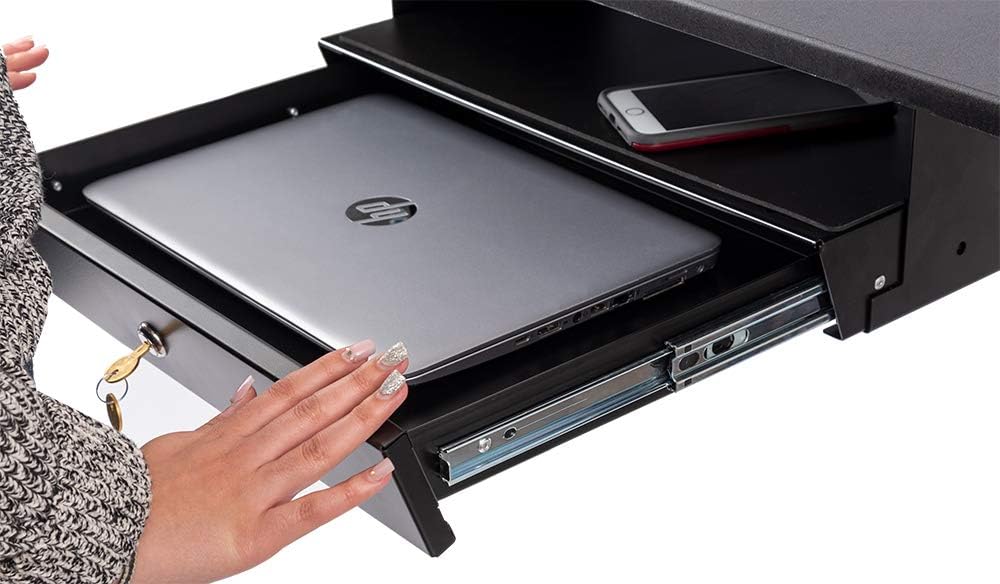 Under Desk Drawer Organizer for Standing Desks - Lockable Sliding Storage with Padded Laptop Shelf (Black) - Perfect for Office, Home Workspace & Ergonomic Setup