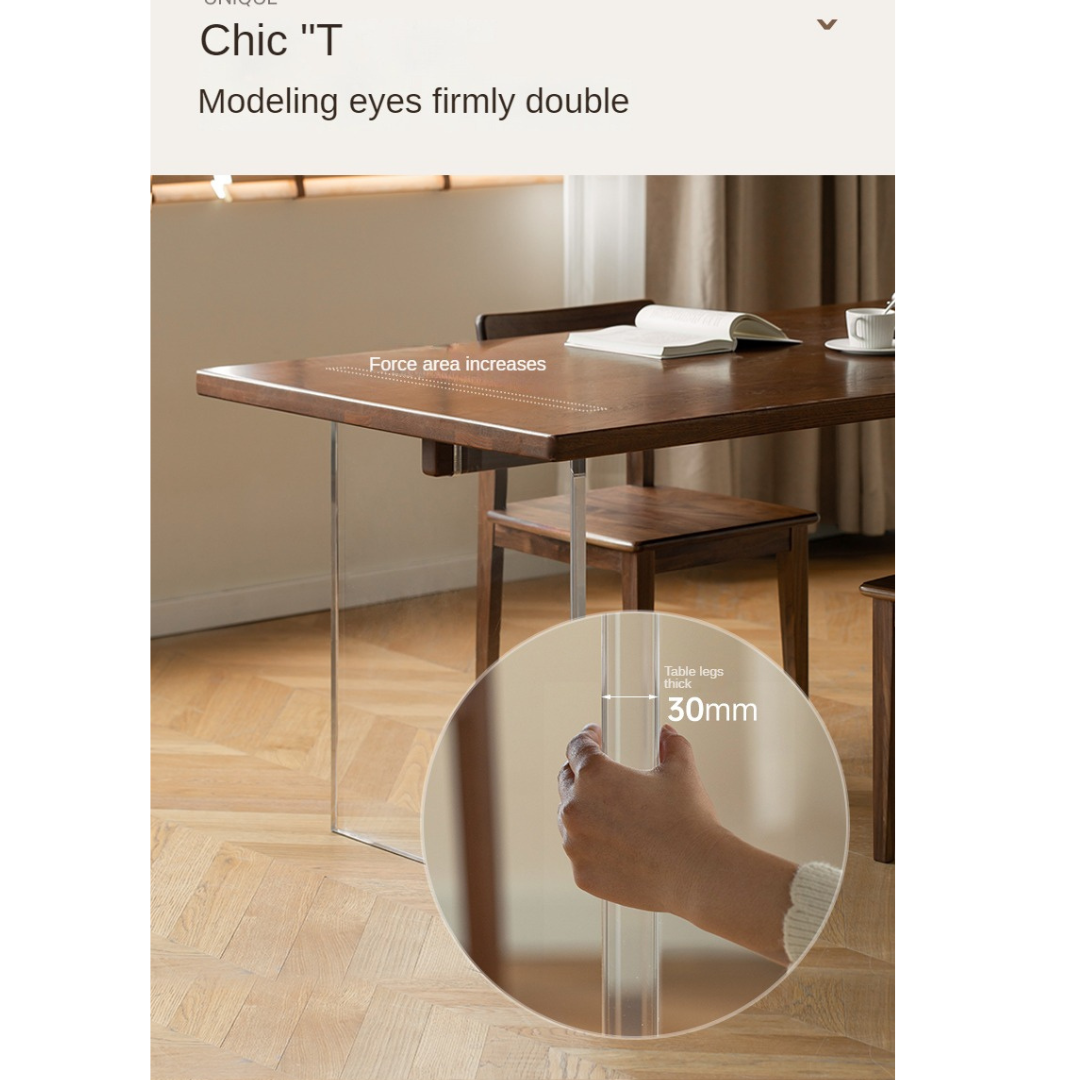 Solid Oak & Black Walnut Acrylic Floating Dining Table - Large Size Modern Wooden Table for Dining Room, Kitchen, and Open Concept Living Spaces