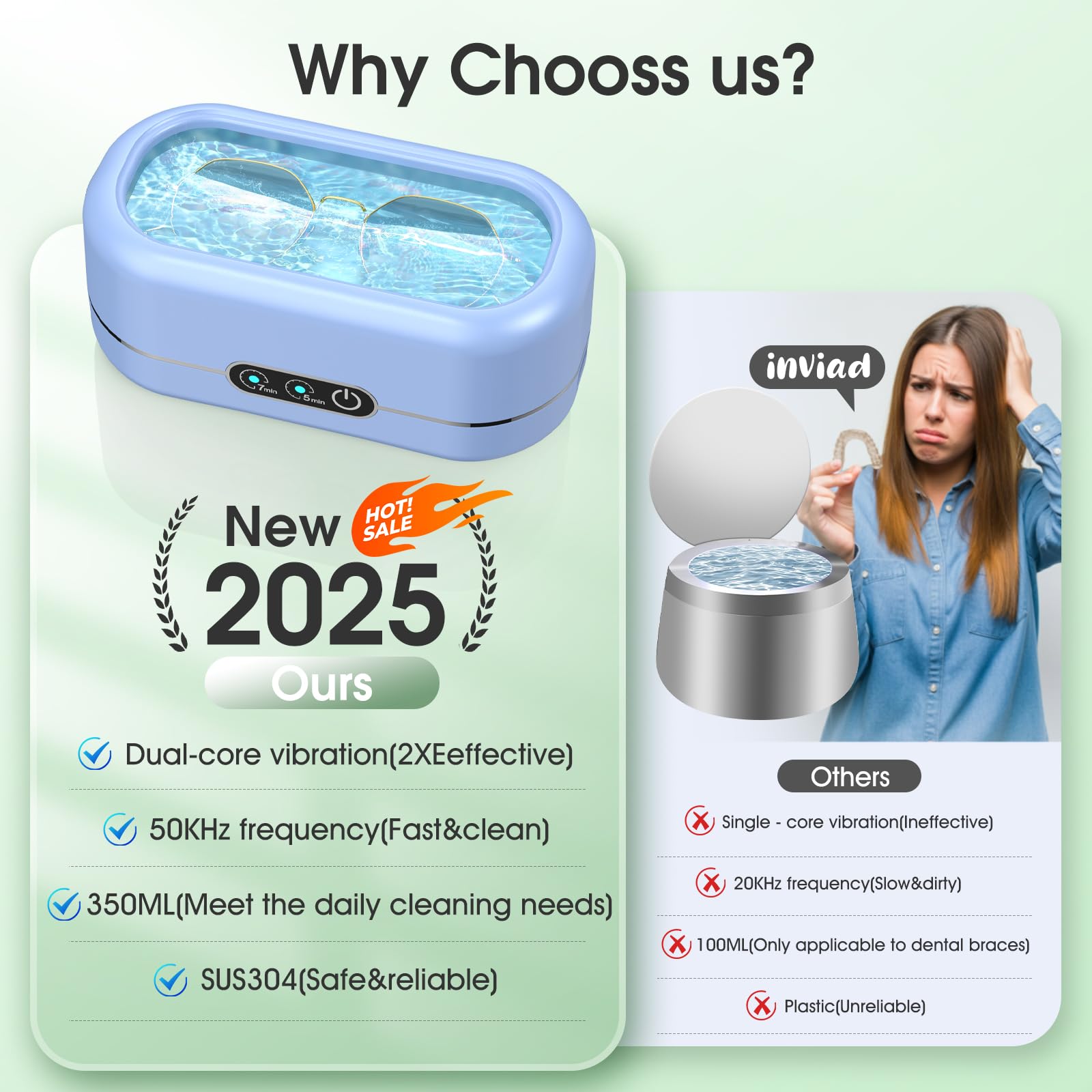 Professional 50KHz Ultrasonic Jewelry Cleaner with Digital Timer - 304 Stainless Steel Cleaning Machine for Jewelry, Eyeglasses, Rings, Watches & Dentures | Perfect for Home, Salon & Dental Care (Blue)