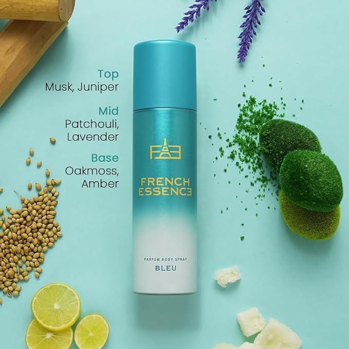FRENCH ESSENCE Men's Deodorant Spray - Long Lasting Fragrance, Fresh Scent, No Gsa Deo (Bleu) 120ml - Pack of 2 | Body Spray for Daily Use, Gym, Work & Outdoor Activities