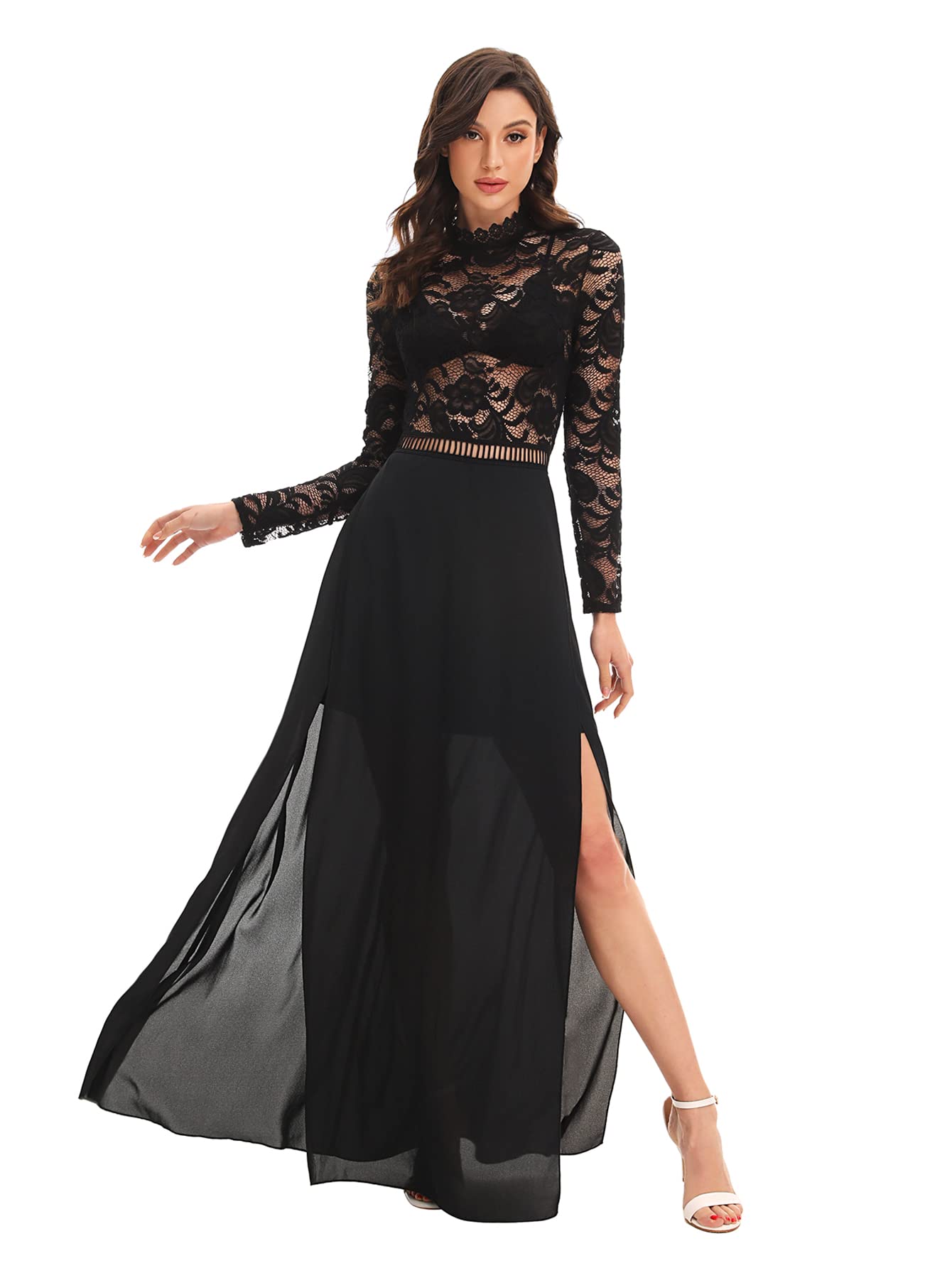 SweatyRocks Women's Sexy Sheer Lace Long Sleeve Split Maxi Cocktail Dress for Evening Party, Formal Events & Special Occasions