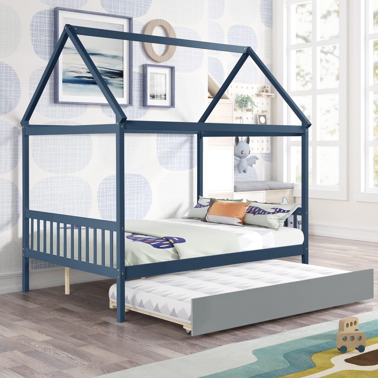 WIILAOK Twin Size Kids Playhouse Bed with Trundle - Wooden Cabin Bed Frame with Headboard & Roof - No Box Spring Needed - Perfect for Boys & Girls Bedrooms (Blue) | Fun Sleeping & Play Space for Kids