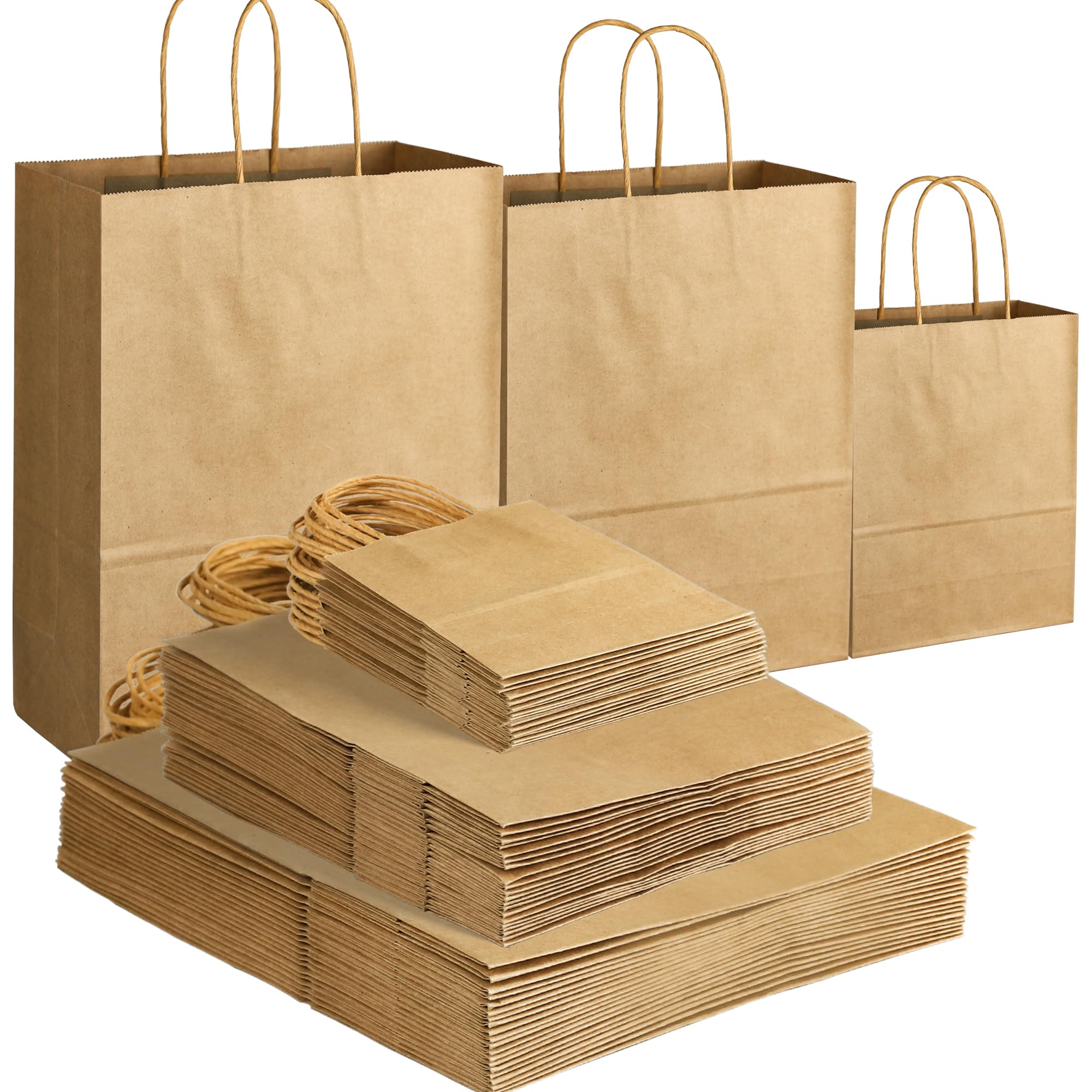 60 Pack Brown Kraft Paper Bags with Handles - Assorted Sizes Bulk Gift Bags for Small Business, Retail & Merchandise - Eco-Friendly Craft Paper Bags for Parties, Weddings & Store Packaging