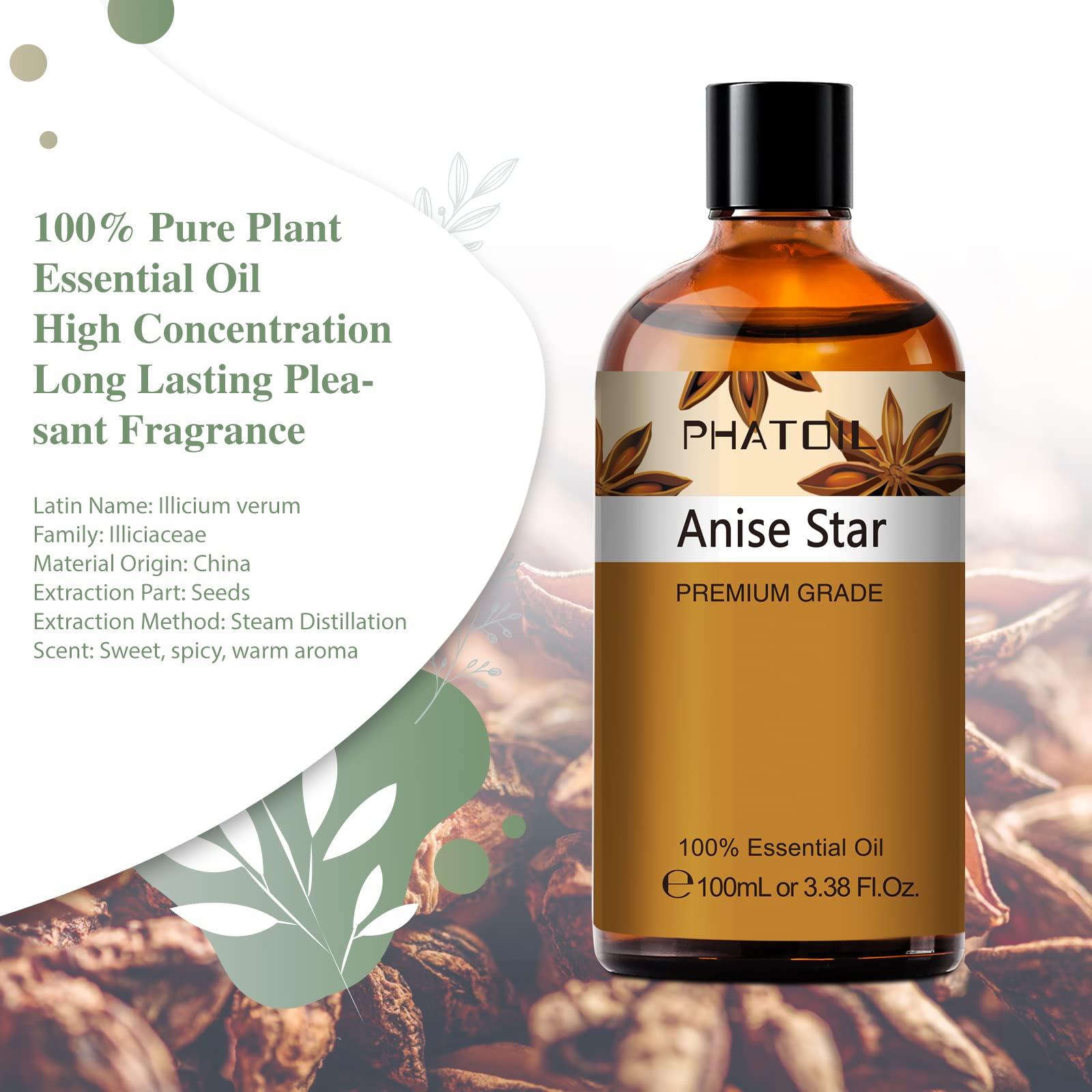 Phatoil 100ml (3.38 fl oz) Pure Anise Star Essential Oil - Premium Aromatherapy Oil for Diffusers & Humidifiers, DIY Soap, Candle & Bath Bomb Making - Relaxing Scent for Spa, Yoga & Home Fragrance