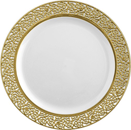 250-Piece Premium Disposable Plastic Dinnerware Set for 50 Guests - Elegant White Plates with Gold Lace Border & Gold Silverware Cutlery Combo | Heavyweight Plastic Plates & Utensils for Weddings, Banquets, Parties, Catering & Special Events