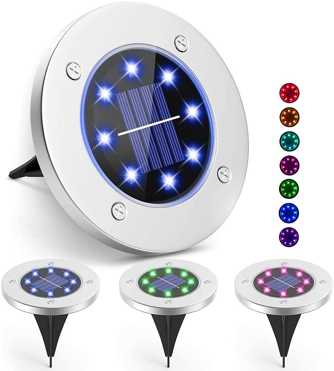 8 LED Solar Ground Lights Outdoor Waterproof IP65 - Stainless Steel Colored Landscape Lighting for Christmas, Garden, Yard, Lawn, Patio, Pathway, Stairs & Fences (4 Pack) - Perfect for Holiday Decor & Nighttime Pathway Illumination