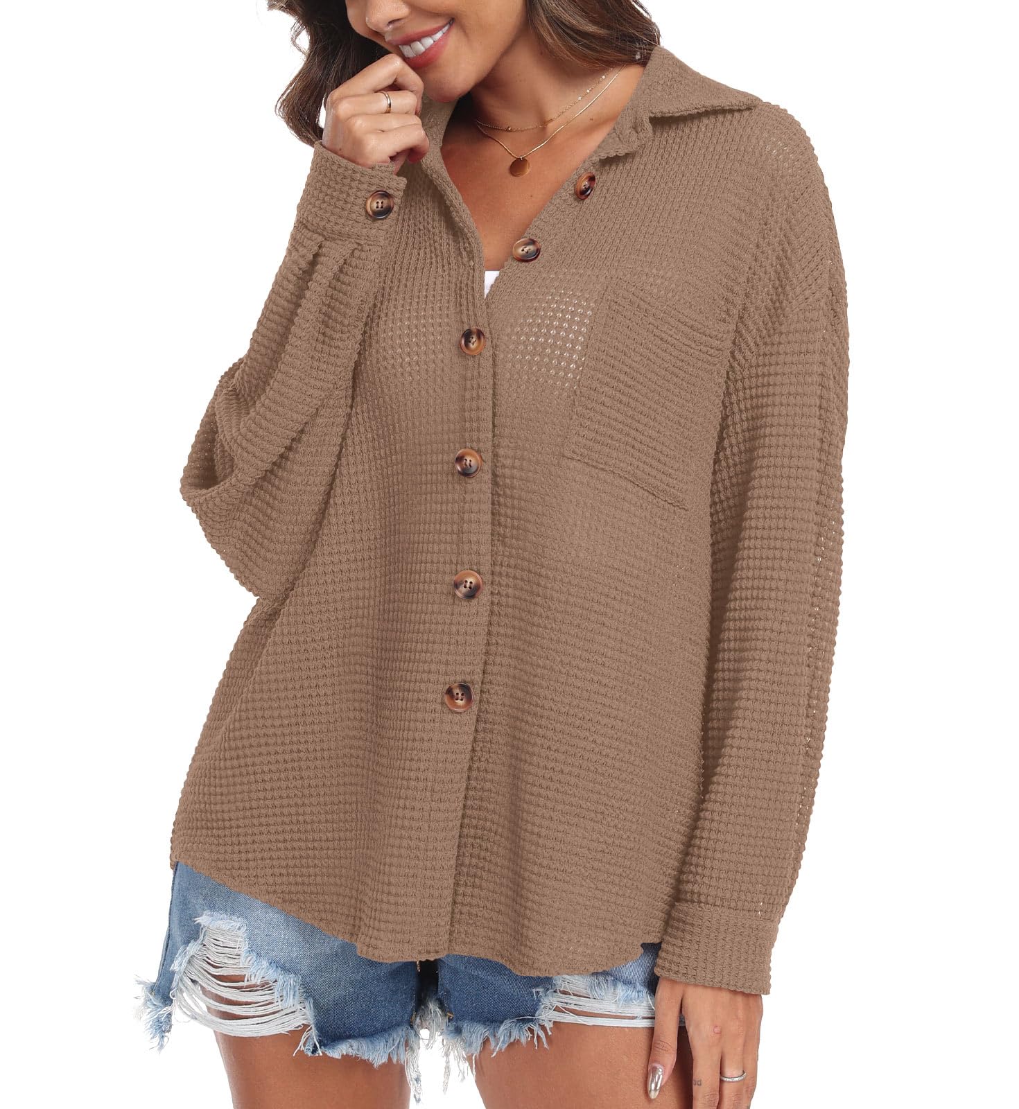 Anyhold Women's Waffle Knit Shacket Jacket - Plus Size Button Down Shirt with Long Sleeves for Fall | Casual & Dressy Tops for Work, Date Night & Everyday Wear