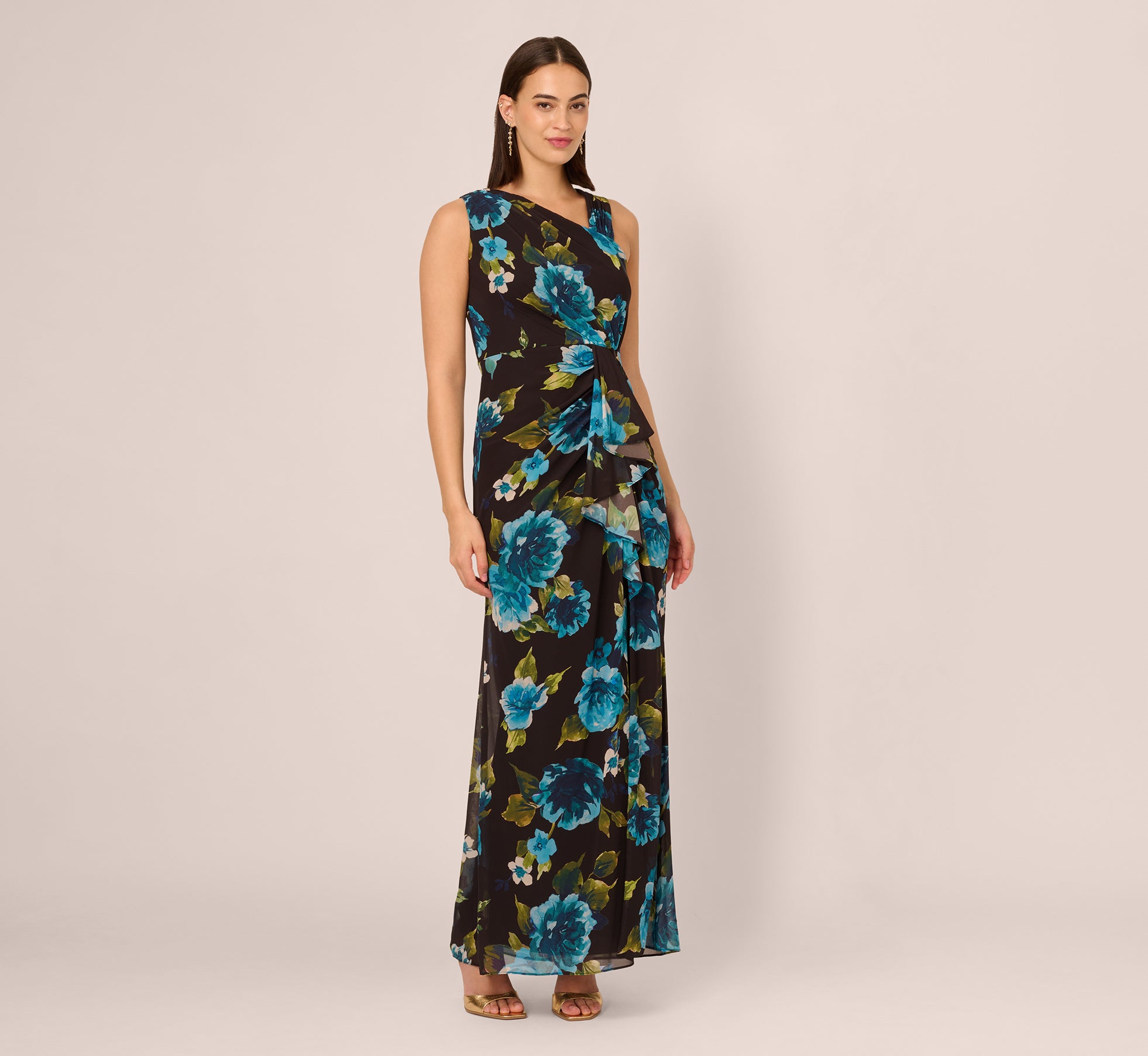 Elegant Asymmetrical Draped Floral Chiffon Gown in Black & Multi Colors - Perfect for Evening Parties, Weddings & Special Occasions