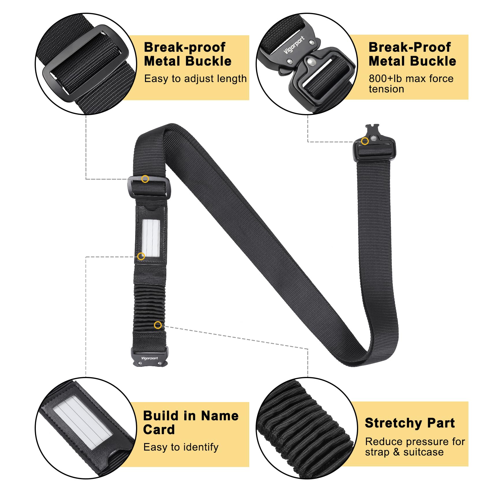 Vigorport TSA Approved Heavy Duty Luggage Straps with Metal Buckles - 72